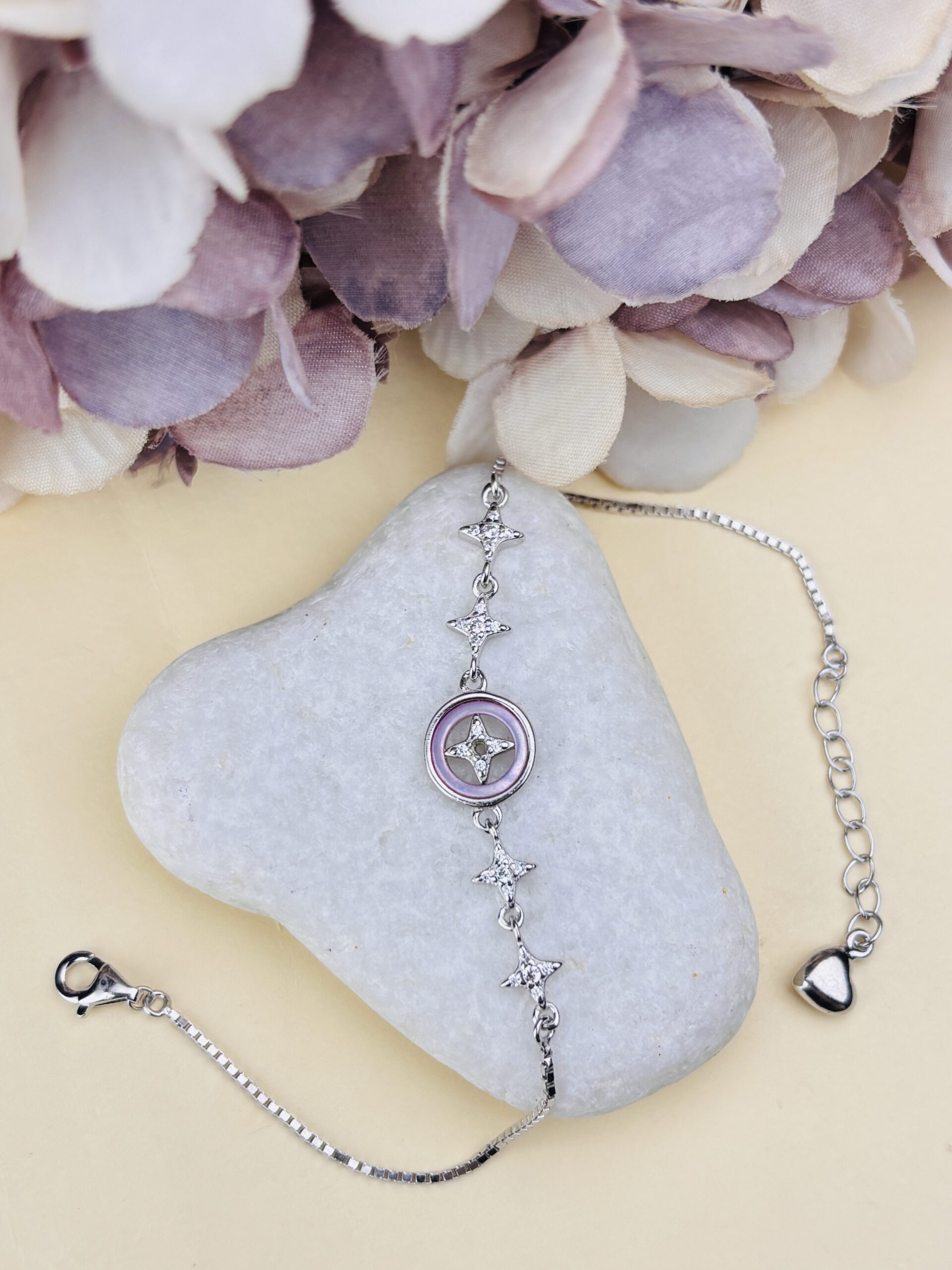 925 Sterling Silver Pink Enamel Bracelet Star Flower CZ Charm Adjustable Box Chain Women Gift
