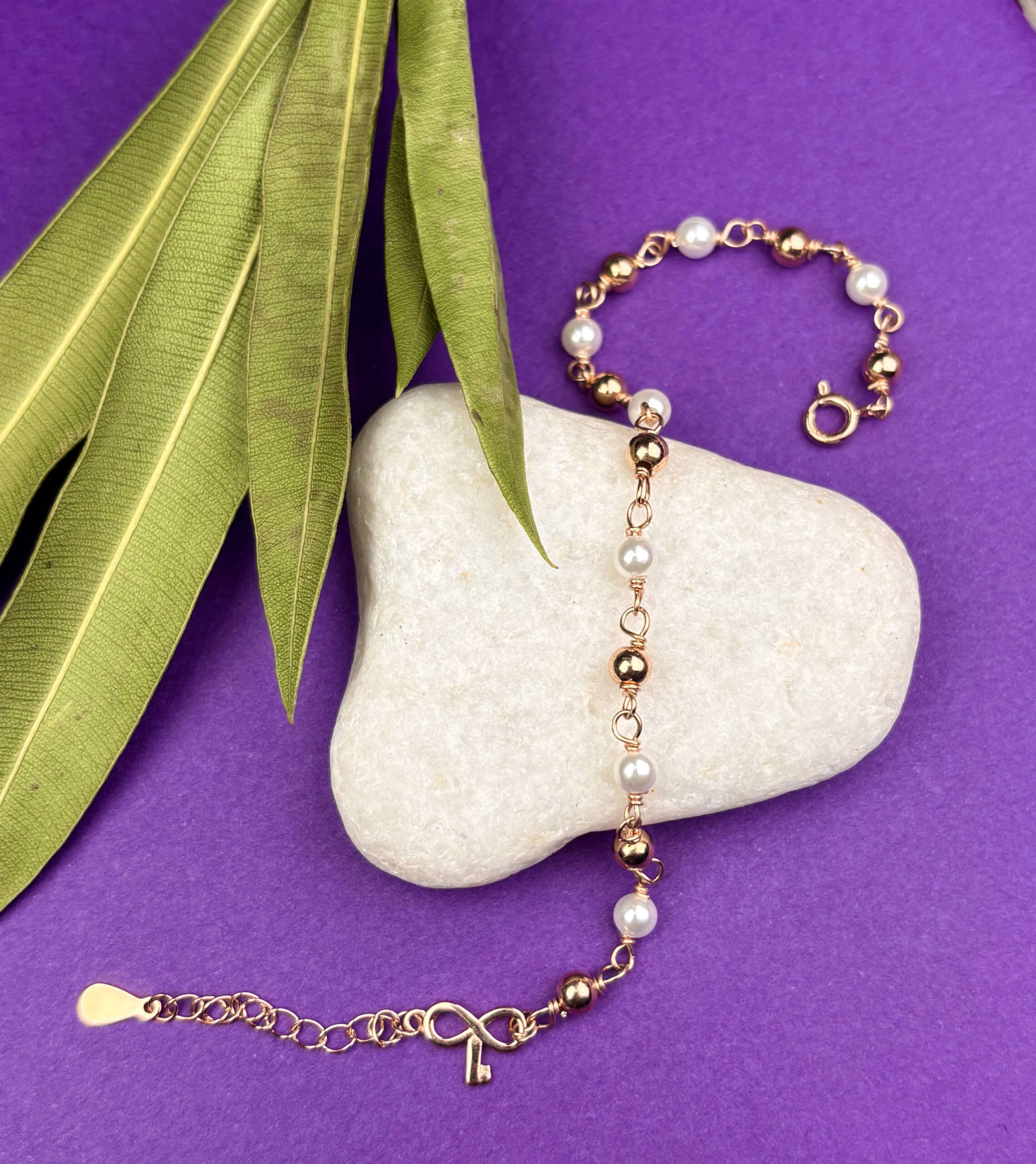925 Sterling Silver Rose Gold Pearl Beaded Bracelet Infinity Charm Adjustable Women Gift