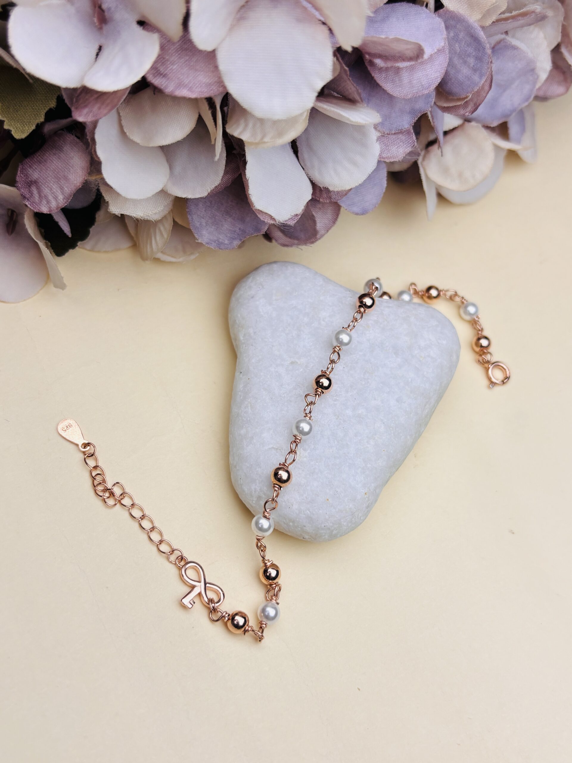 925 Sterling Silver Rose Gold Pearl Beaded Bracelet Infinity Charm Adjustable Women Gift - Image 5