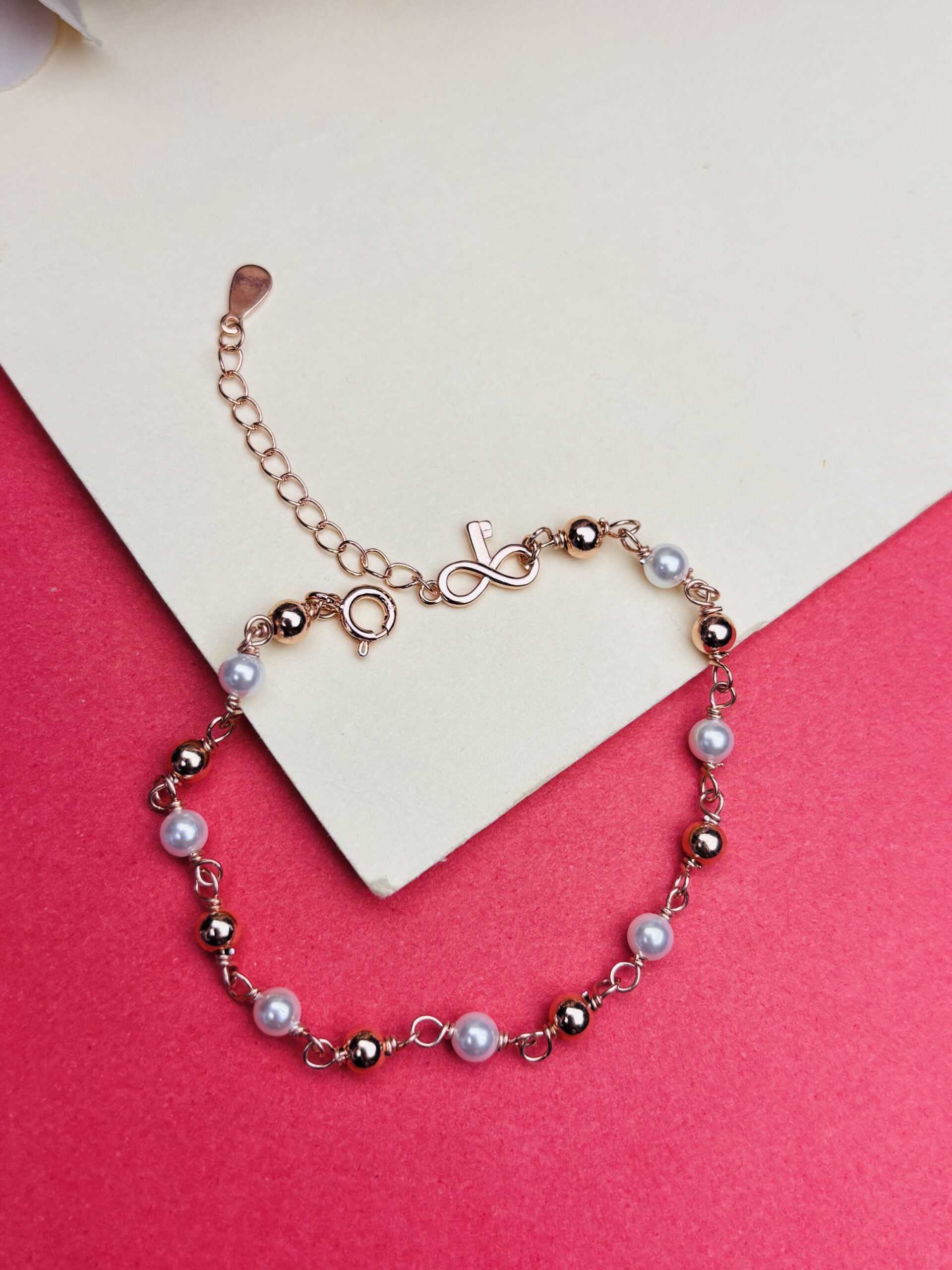 925 Sterling Silver Rose Gold Pearl Beaded Bracelet Infinity Charm Adjustable Women Gift - Image 3