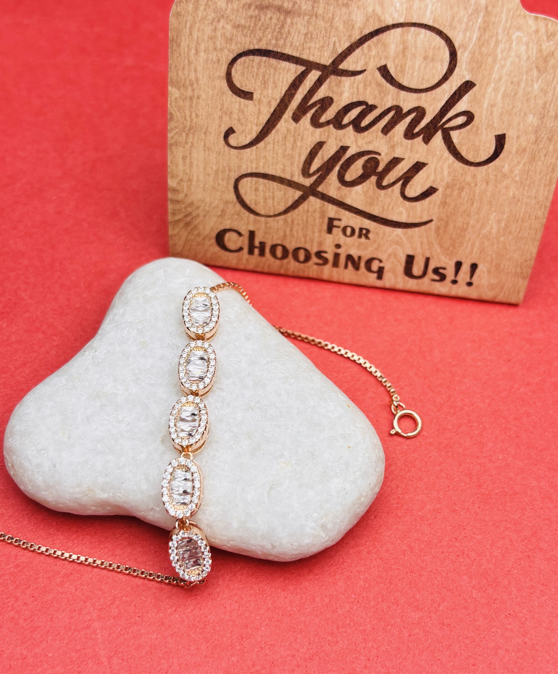 925 Sterling Silver Rose Gold Oval CZ Bracelet Clear Baguette Stone Adjustable Women Jewellery - Image 2