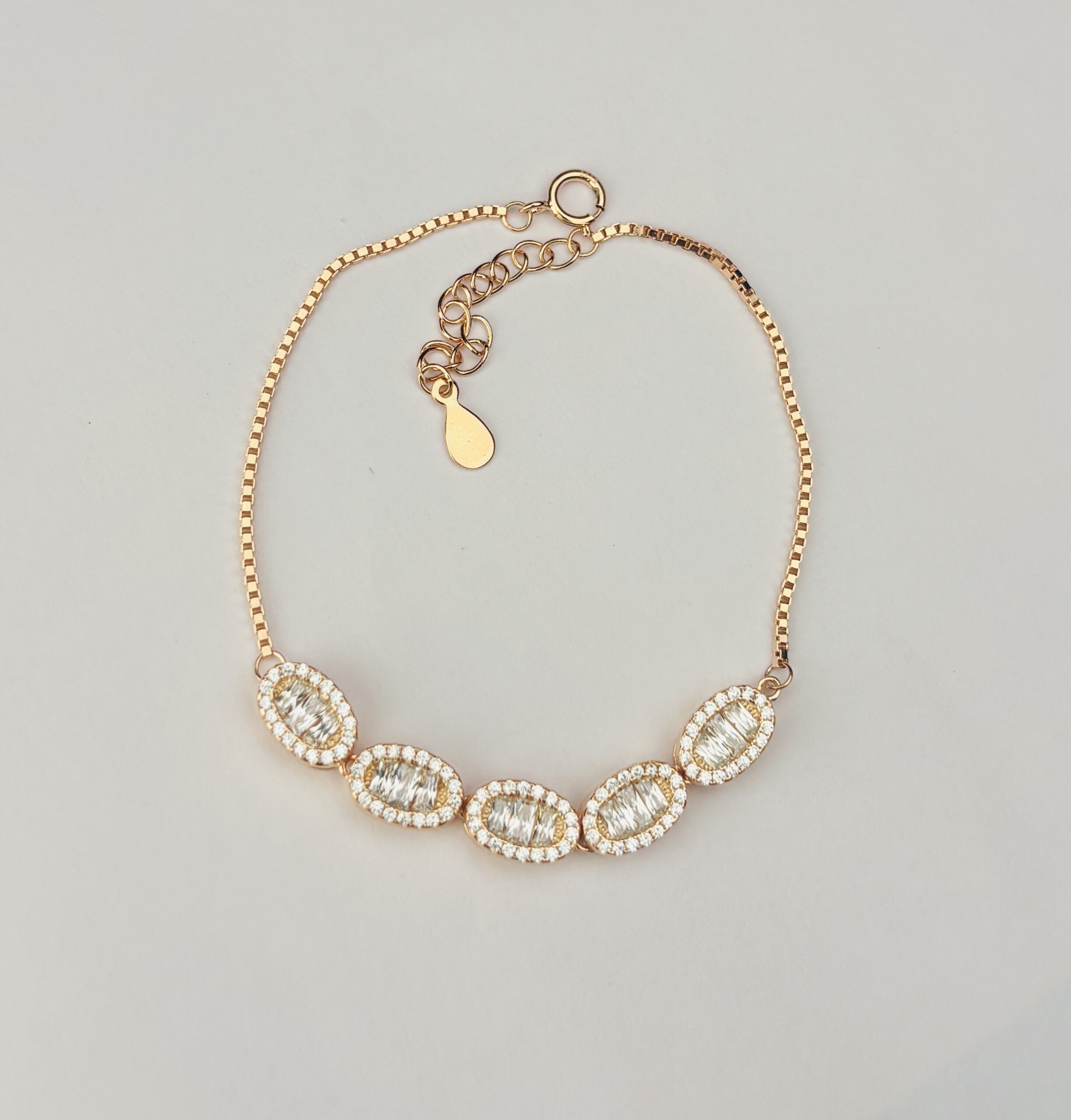 925 Sterling Silver Rose Gold Oval CZ Bracelet Clear Baguette Stone Adjustable Women Jewellery - Image 3