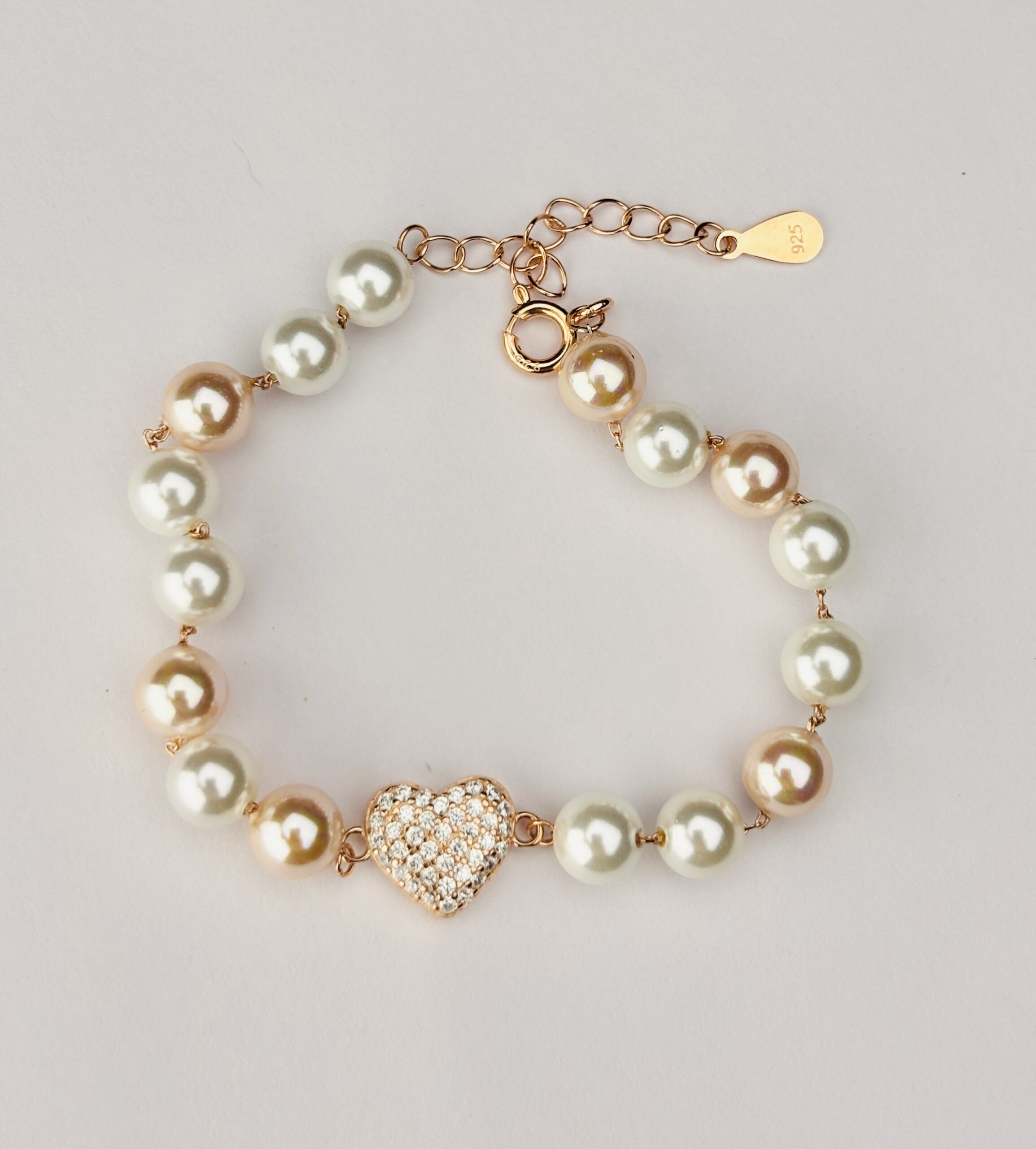 925 Sterling Silver Rose Gold Pearl Heart Bracelet White Pink Beads CZ Charm Adjustable