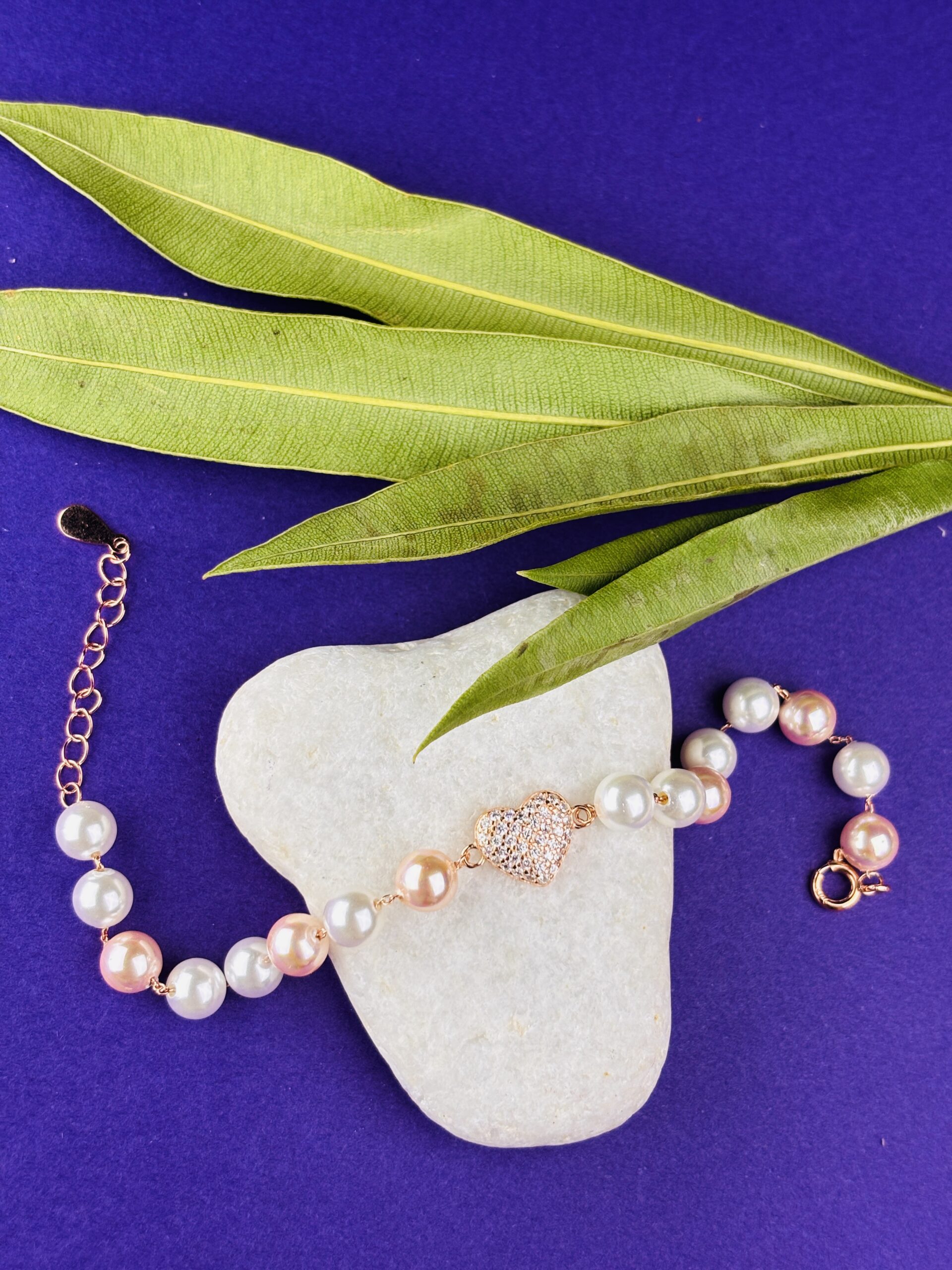 925 Sterling Silver Rose Gold Pearl Heart Bracelet White Pink Beads CZ Charm Adjustable - Image 4