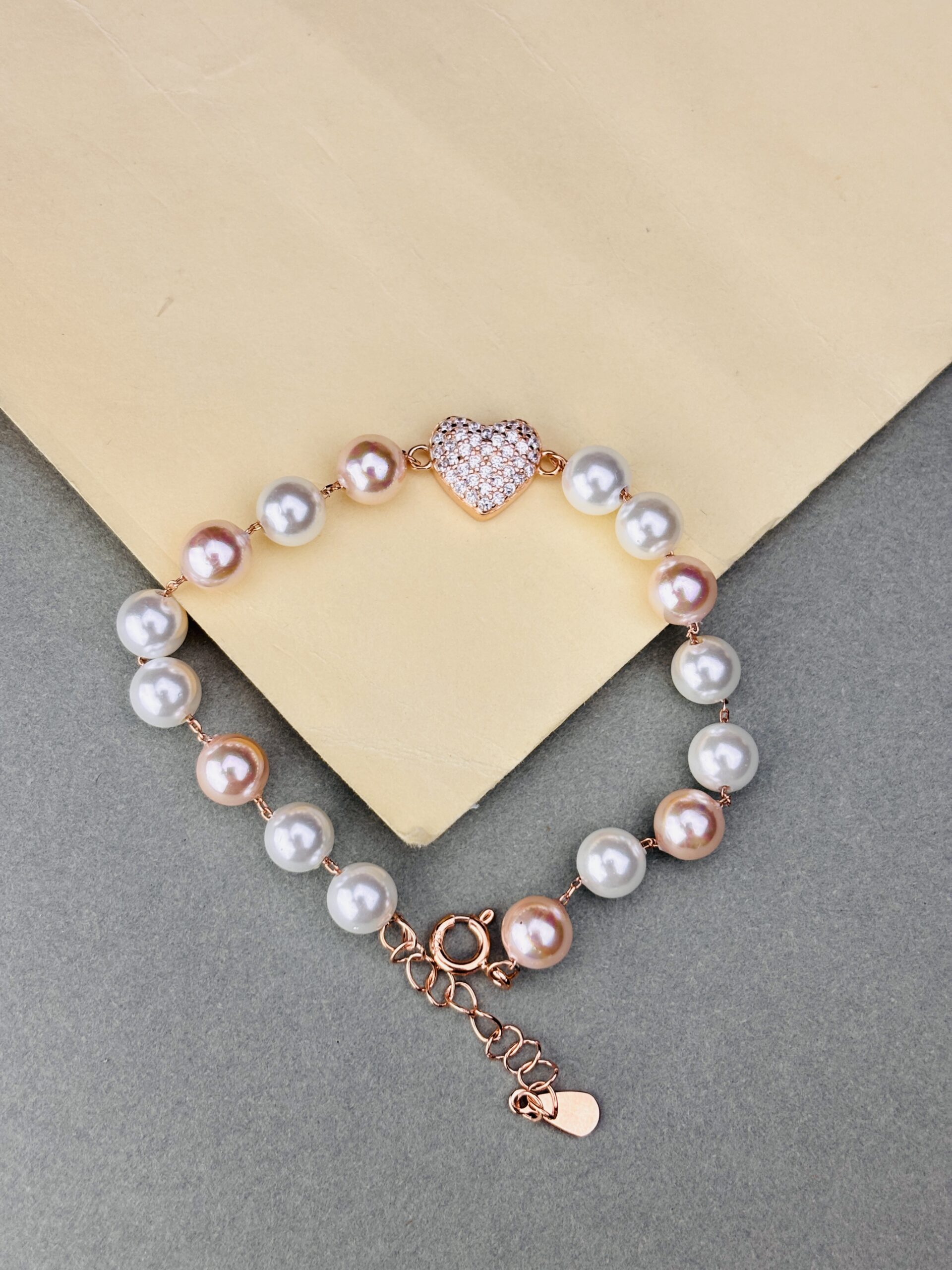 925 Sterling Silver Rose Gold Pearl Heart Bracelet White Pink Beads CZ Charm Adjustable - Image 2