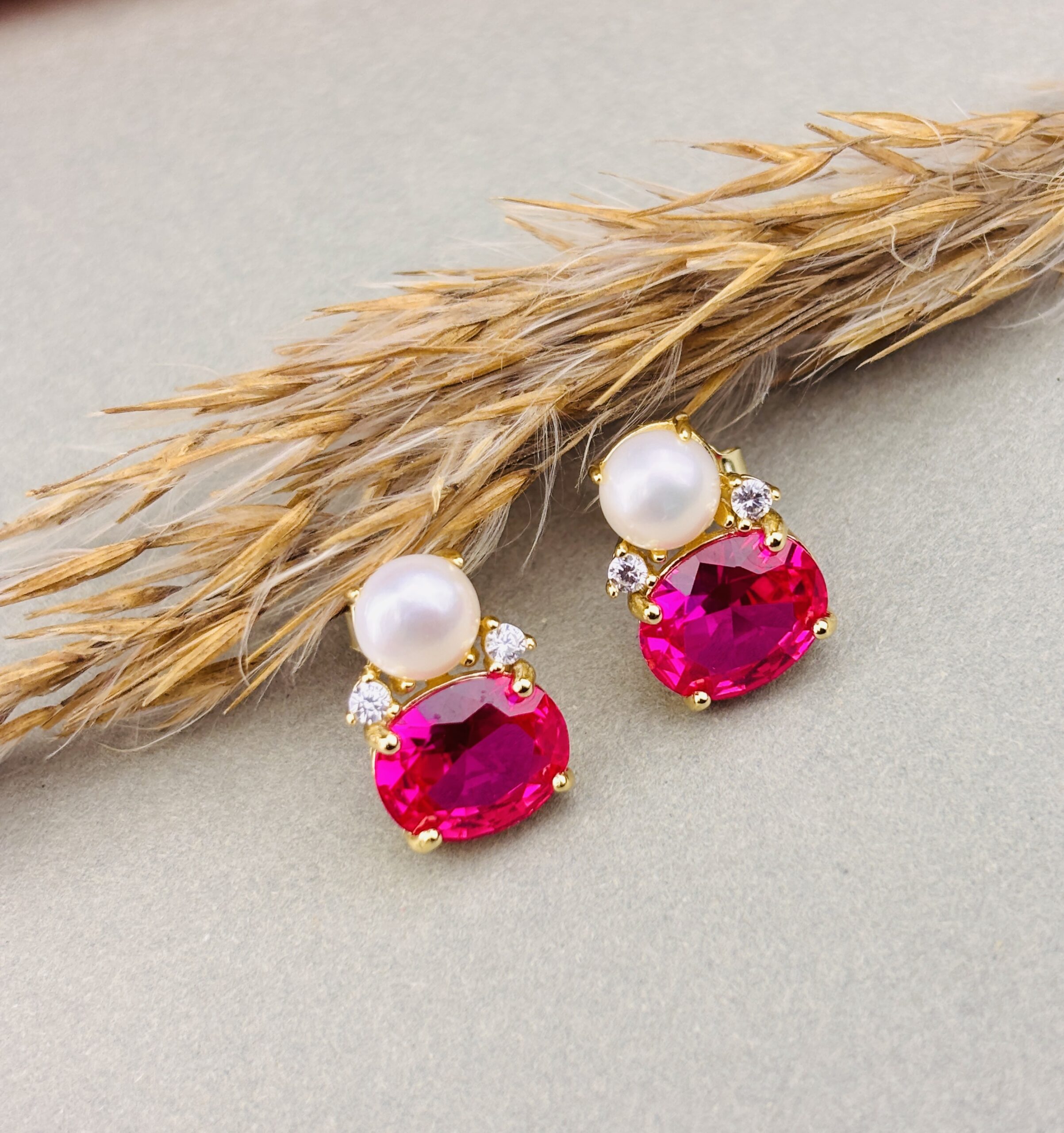 925 Sterling Silver Pearl & Pink Oval Gemstone Stud Earrings Elegant Statement Jewelry