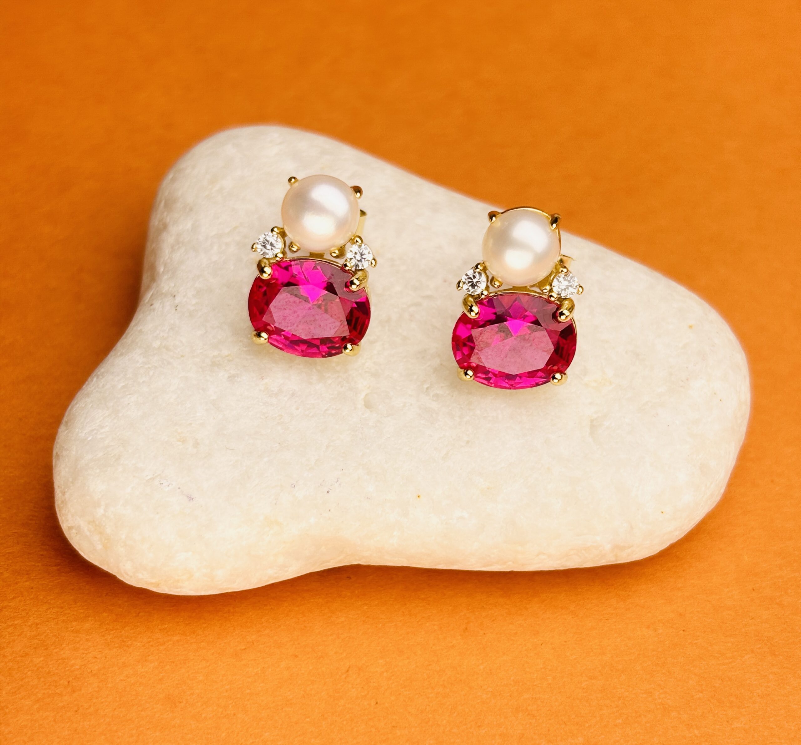 925 Sterling Silver Pearl & Pink Oval Gemstone Stud Earrings Elegant Statement Jewelry - Image 4