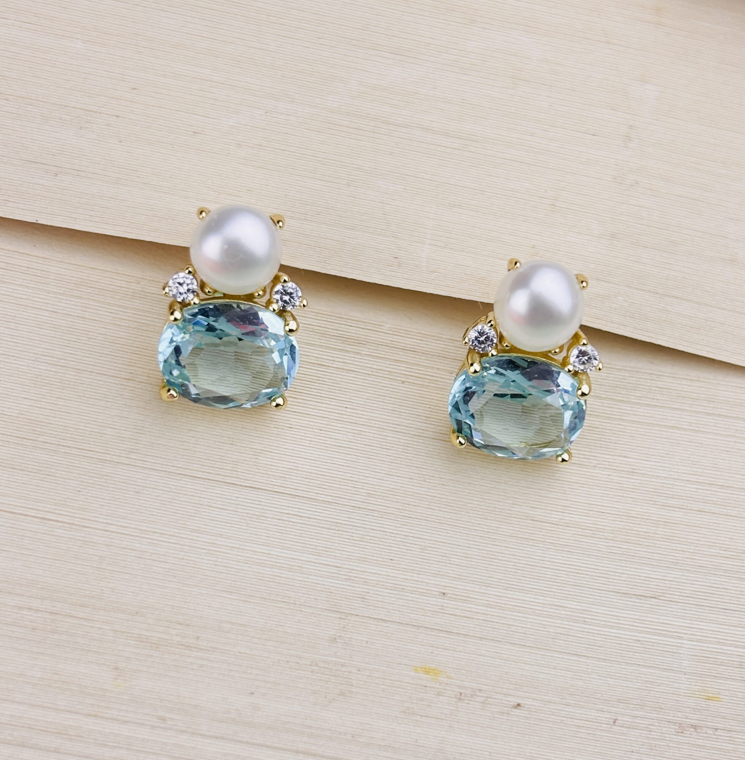 925 Sterling Silver Pearl & Aqua Blue Gemstone Stud Earrings Gold Plated Elegant Statement Jewelry - Image 4