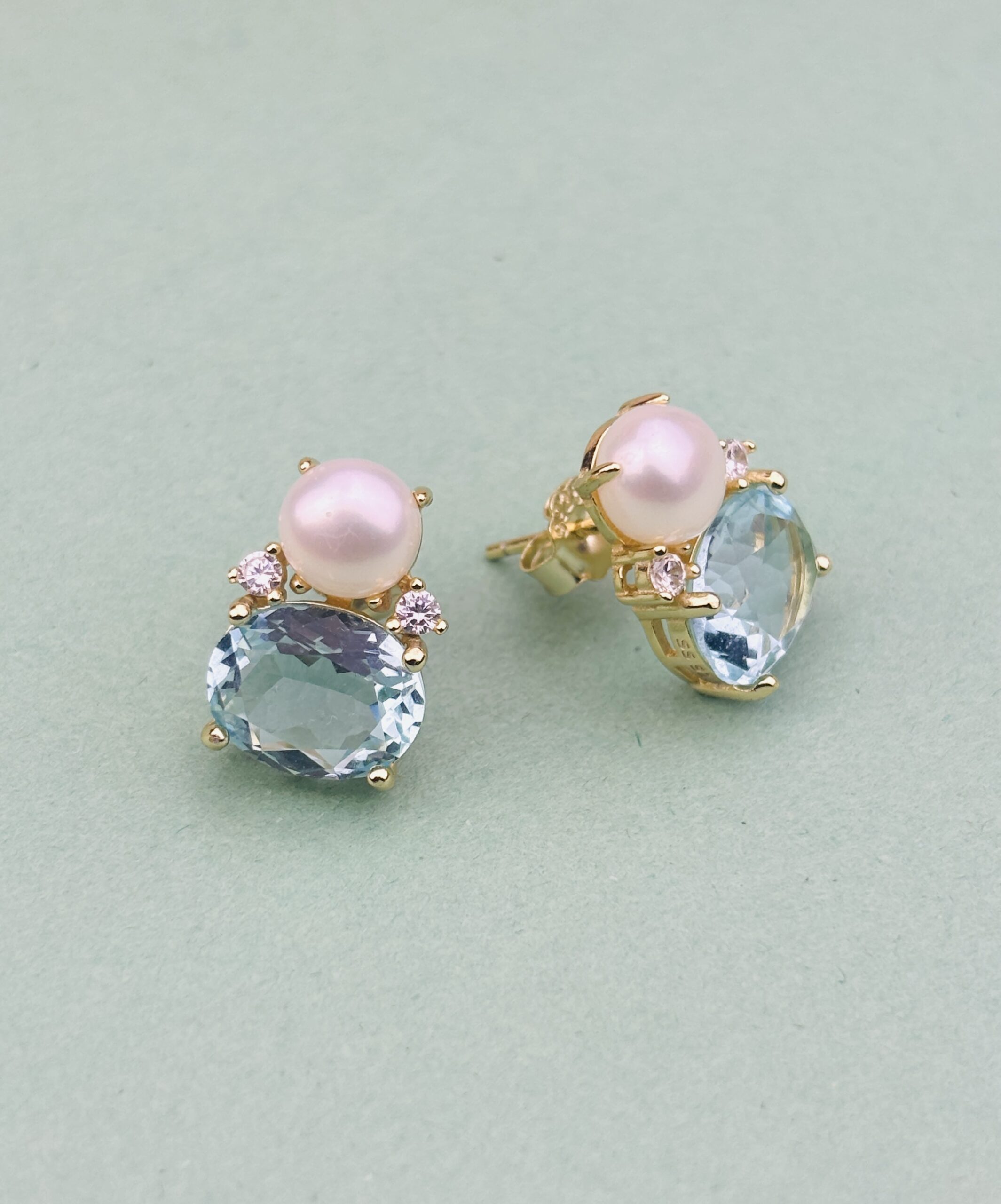 925 Sterling Silver Pearl & Aqua Blue Gemstone Stud Earrings Gold Plated Elegant Statement Jewelry - Image 5