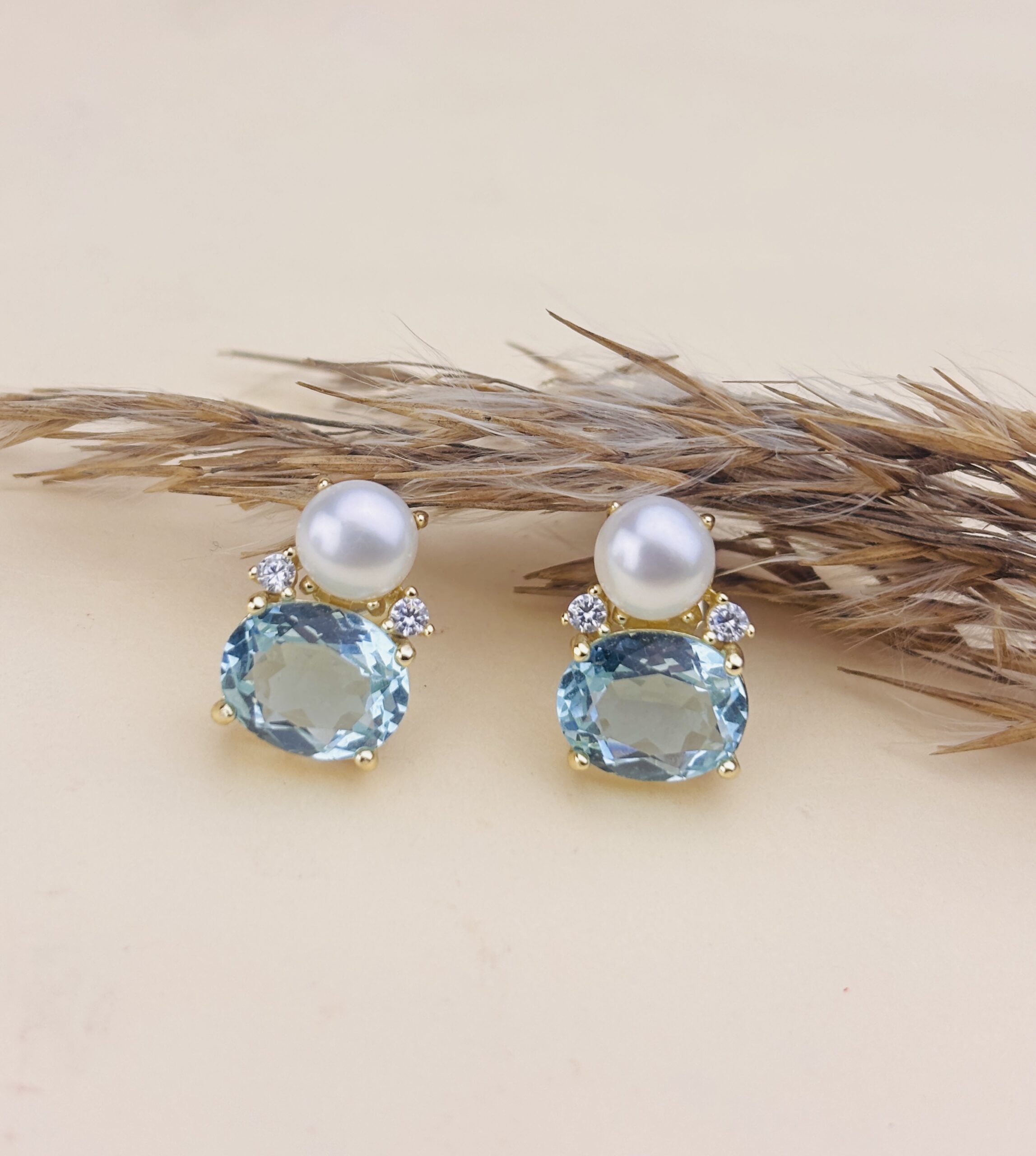 925 Sterling Silver Pearl & Aqua Blue Gemstone Stud Earrings Gold Plated Elegant Statement Jewelry
