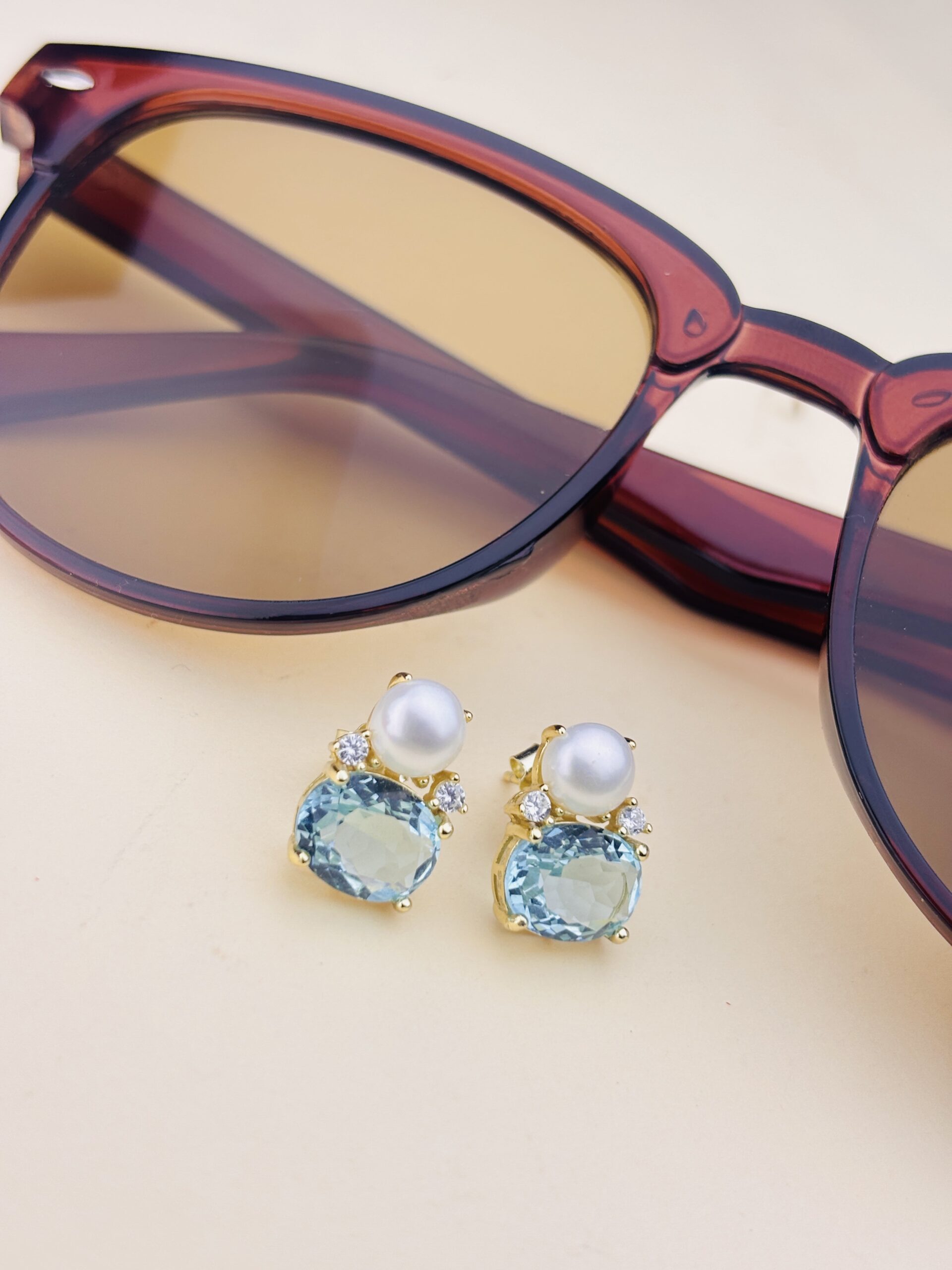 925 Sterling Silver Pearl & Aqua Blue Gemstone Stud Earrings Gold Plated Elegant Statement Jewelry - Image 3
