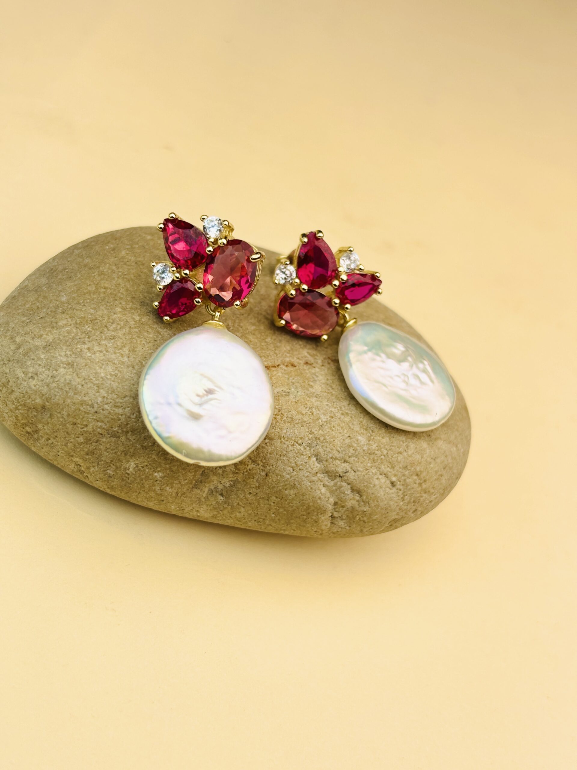 925 Sterling Silver Pearl Drop Earrings Red Pear Cut Gemstone Floral Design Statement Earrings - Image 3