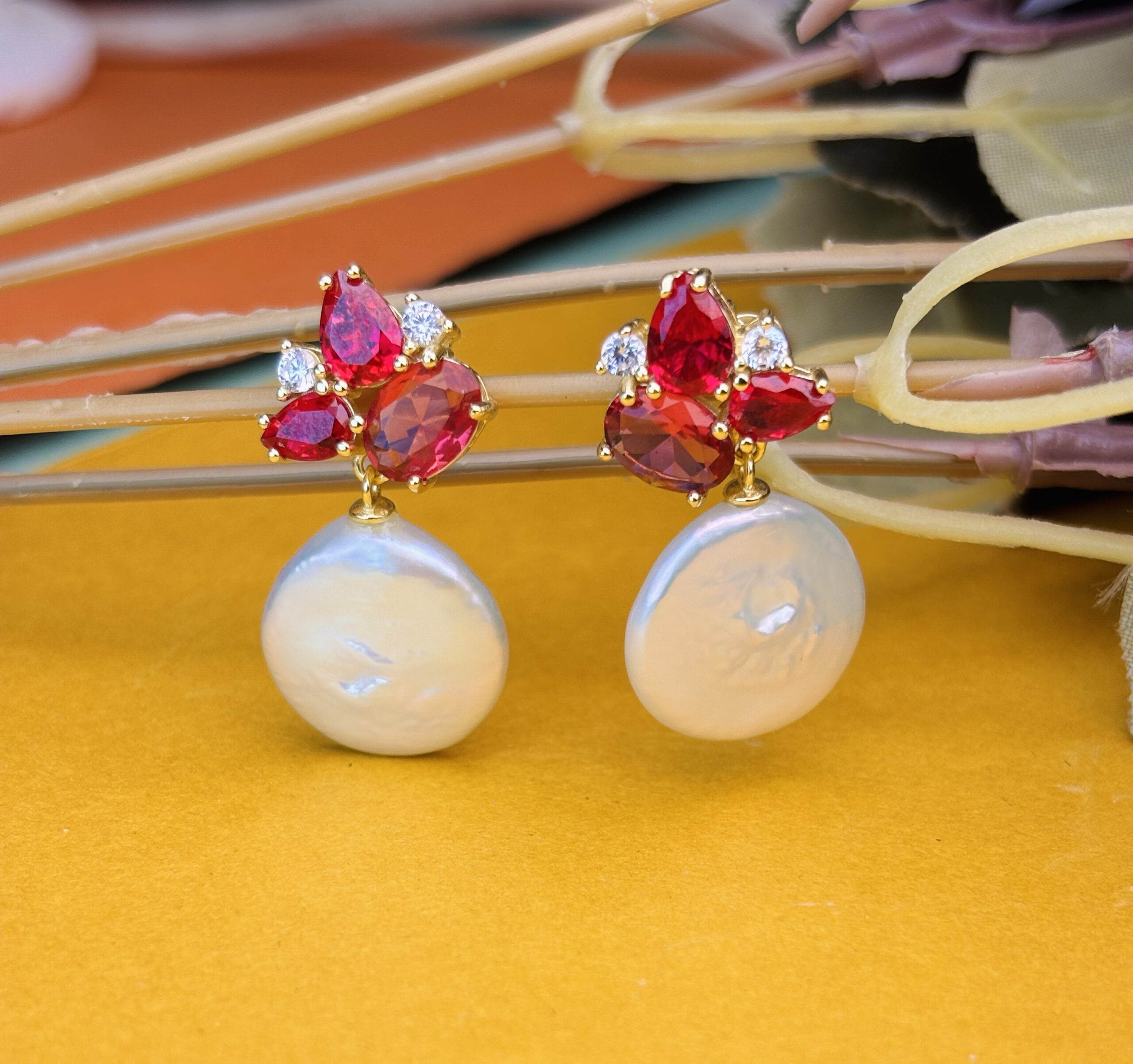 925 Sterling Silver Pearl Drop Earrings Red Pear Cut Gemstone Floral Design Statement Earrings - Image 2