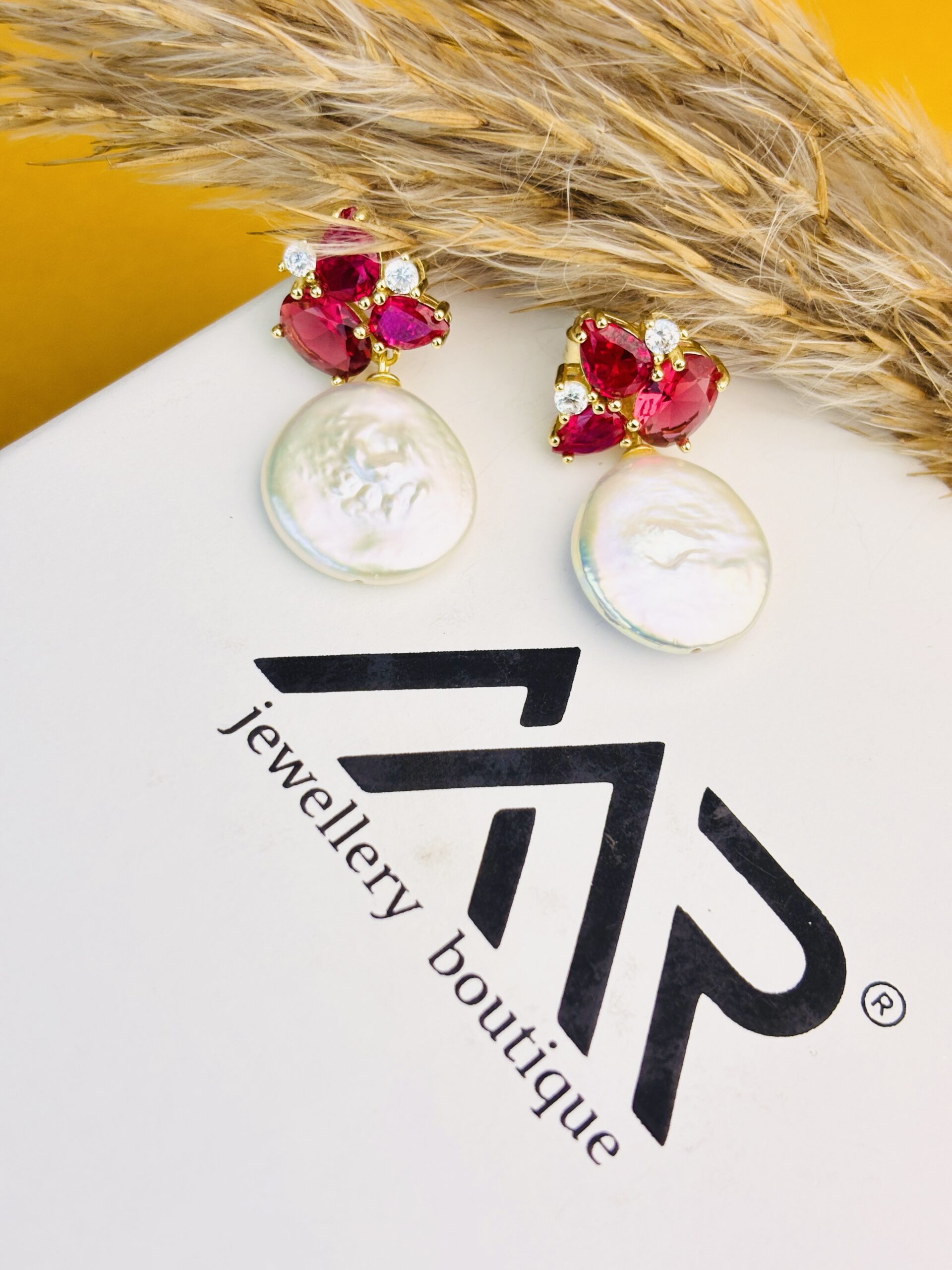 925 Sterling Silver Pearl Drop Earrings Red Pear Cut Gemstone Floral Design Statement Earrings
