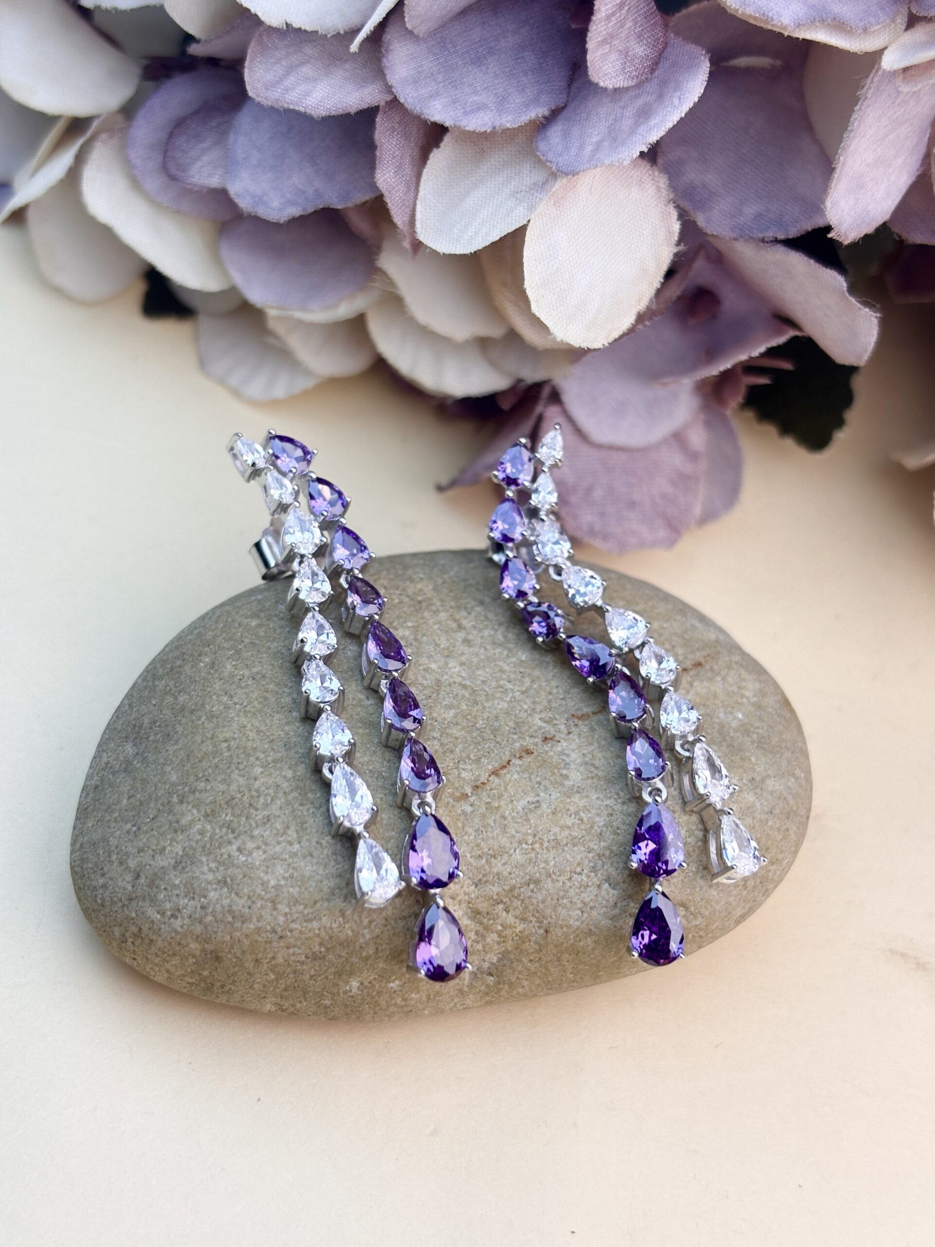 925 Sterling Silver Purple & White Pear Cut Long Drop Earrings Statement Dangle Jewelry - Image 3