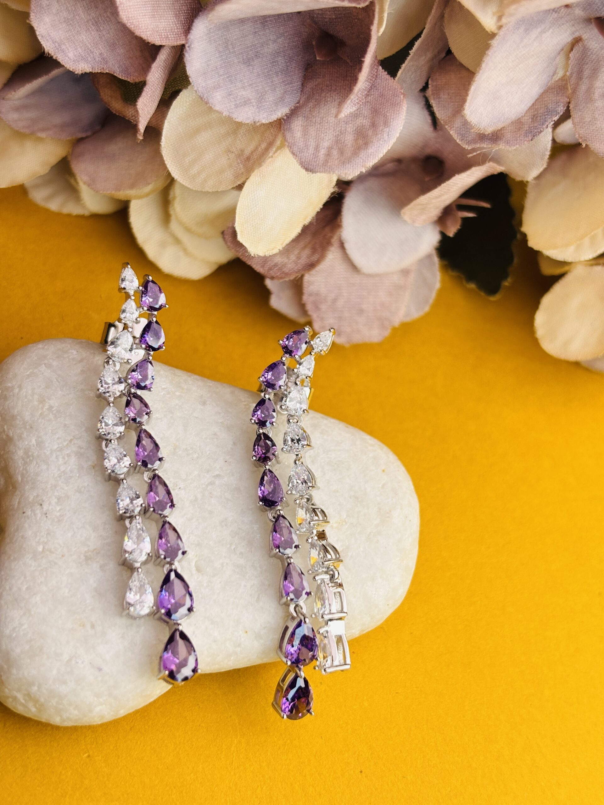 925 Sterling Silver Purple & White Pear Cut Long Drop Earrings Statement Dangle Jewelry - Image 4
