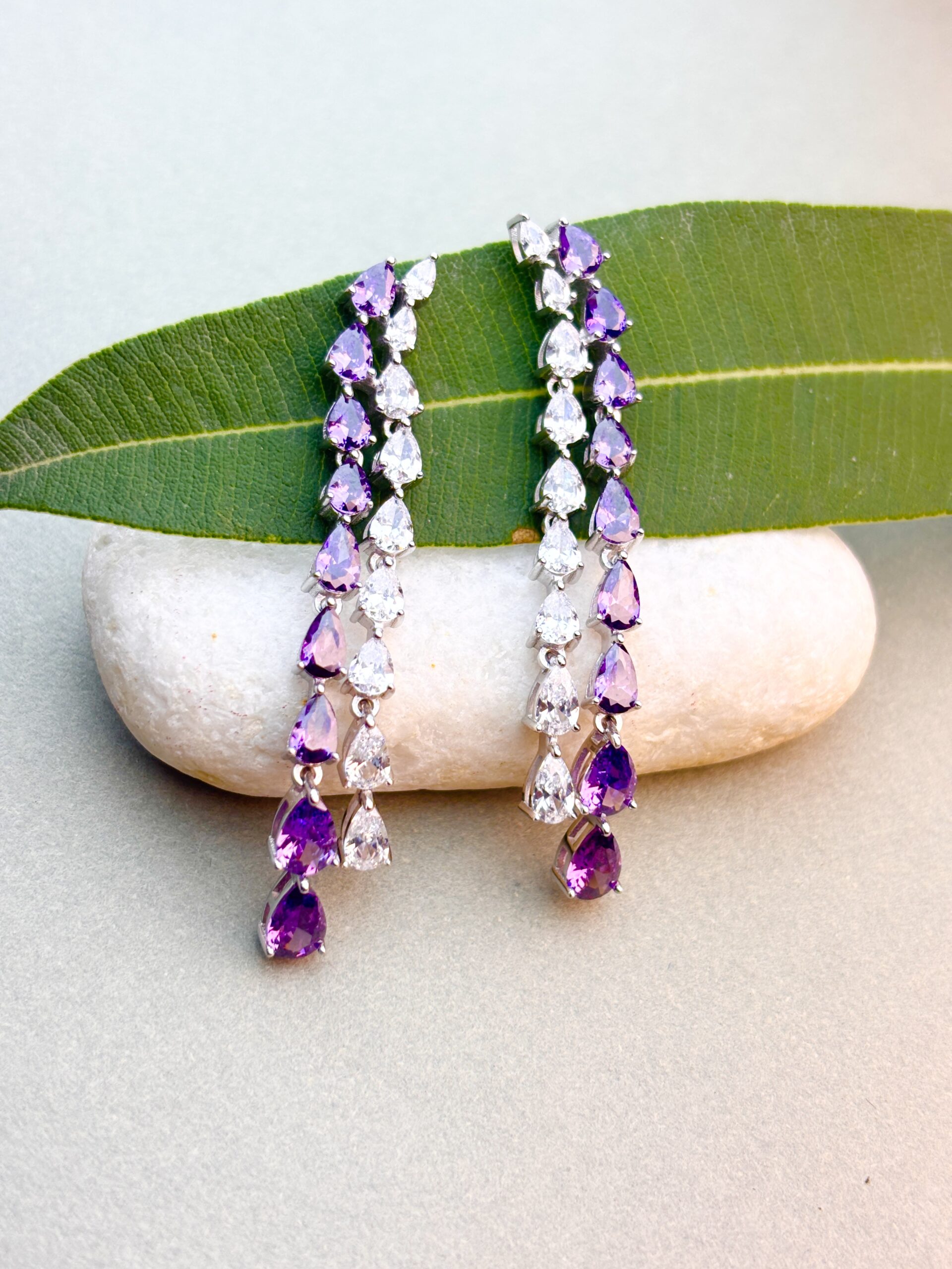 925 Sterling Silver Purple & White Pear Cut Long Drop Earrings Statement Dangle Jewelry