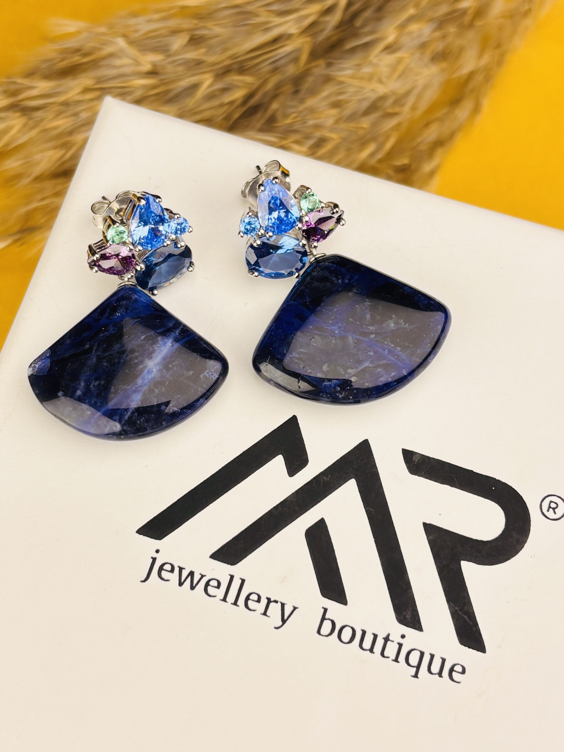925 Sterling Silver Blue Gemstone Dangle Drop Earrings Fan Shape Multi Stone Statement Jewellery