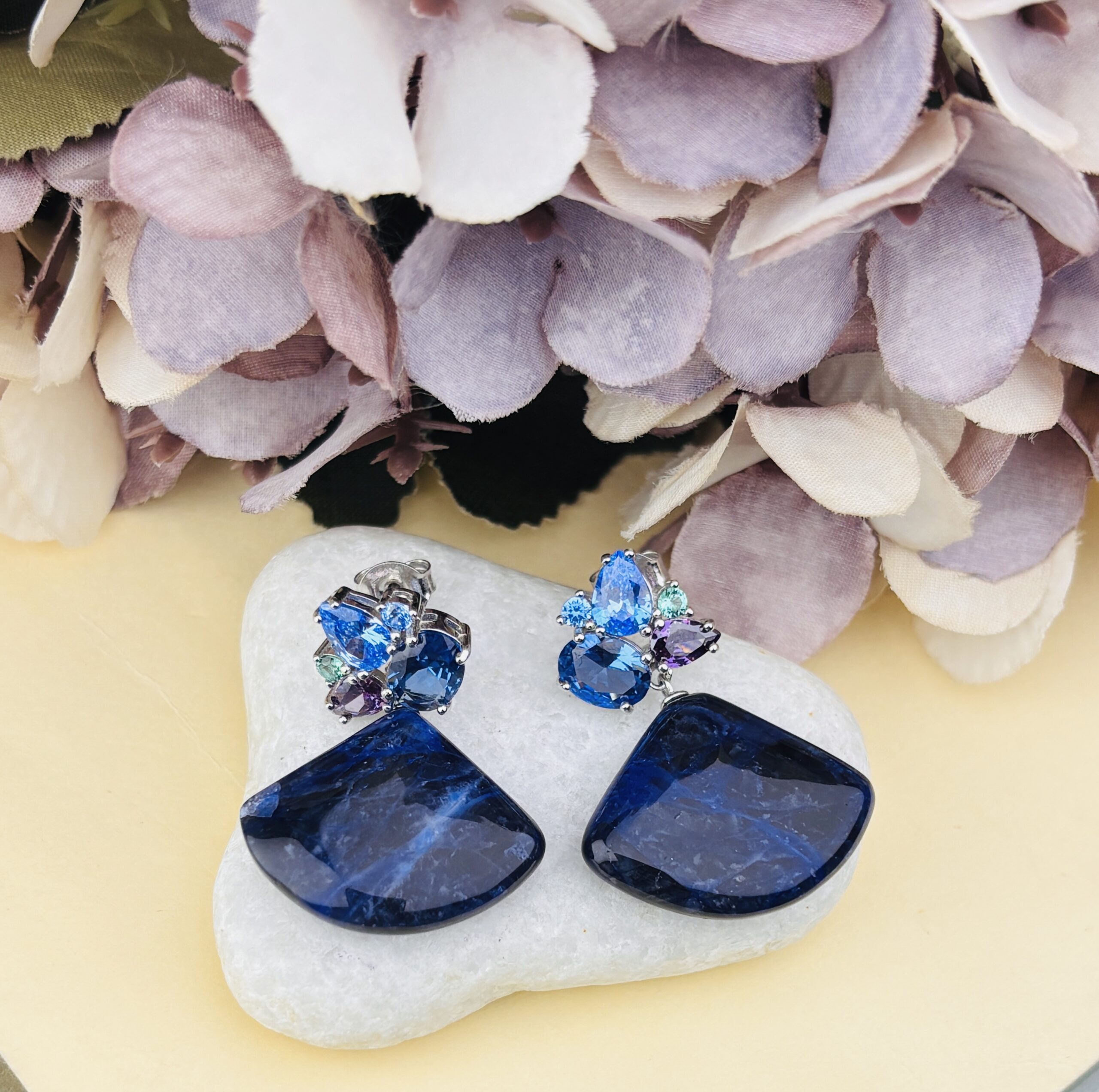 925 Sterling Silver Blue Gemstone Dangle Drop Earrings Fan Shape Multi Stone Statement Jewellery - Image 3