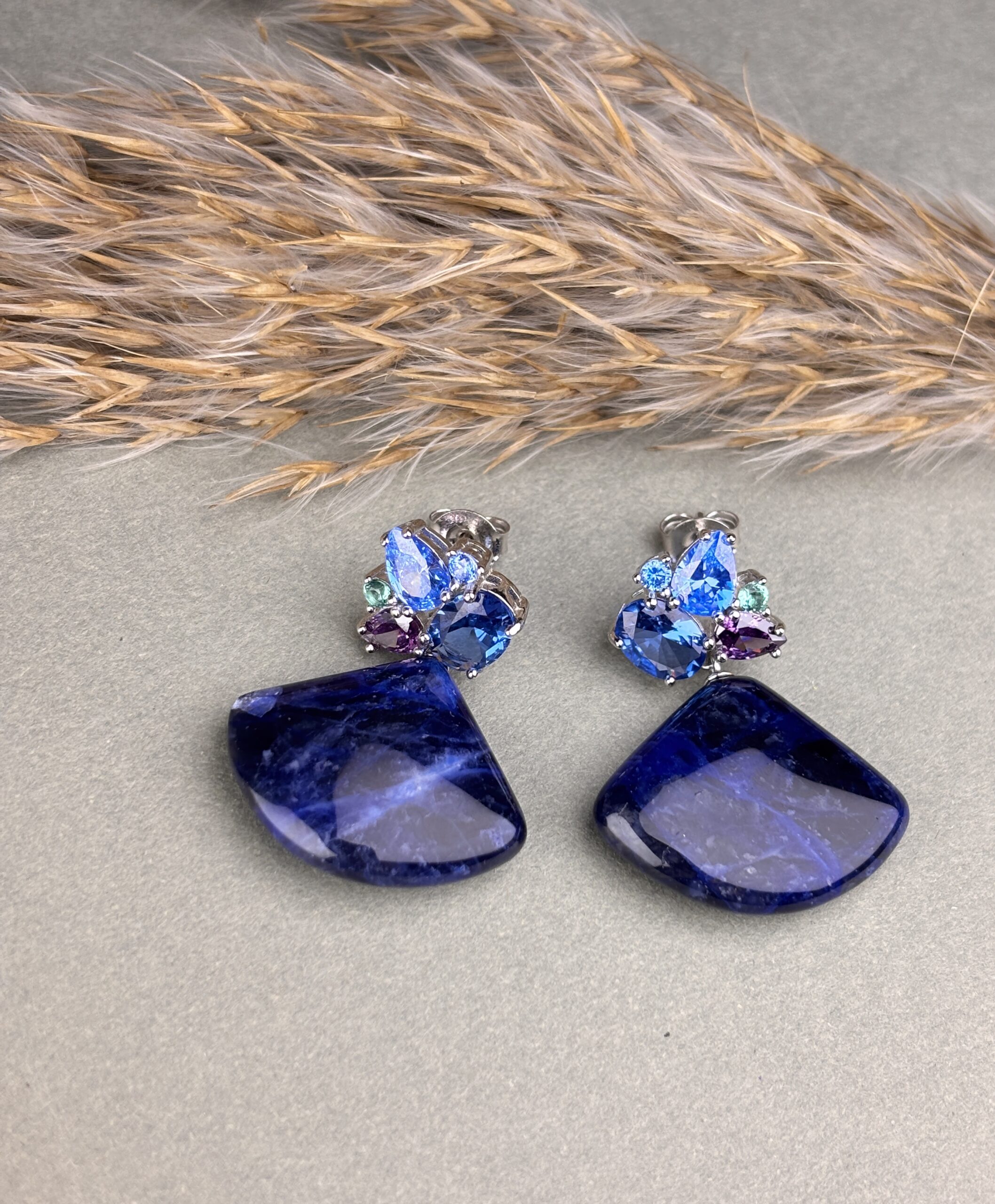 925 Sterling Silver Blue Gemstone Dangle Drop Earrings Fan Shape Multi Stone Statement Jewellery - Image 2