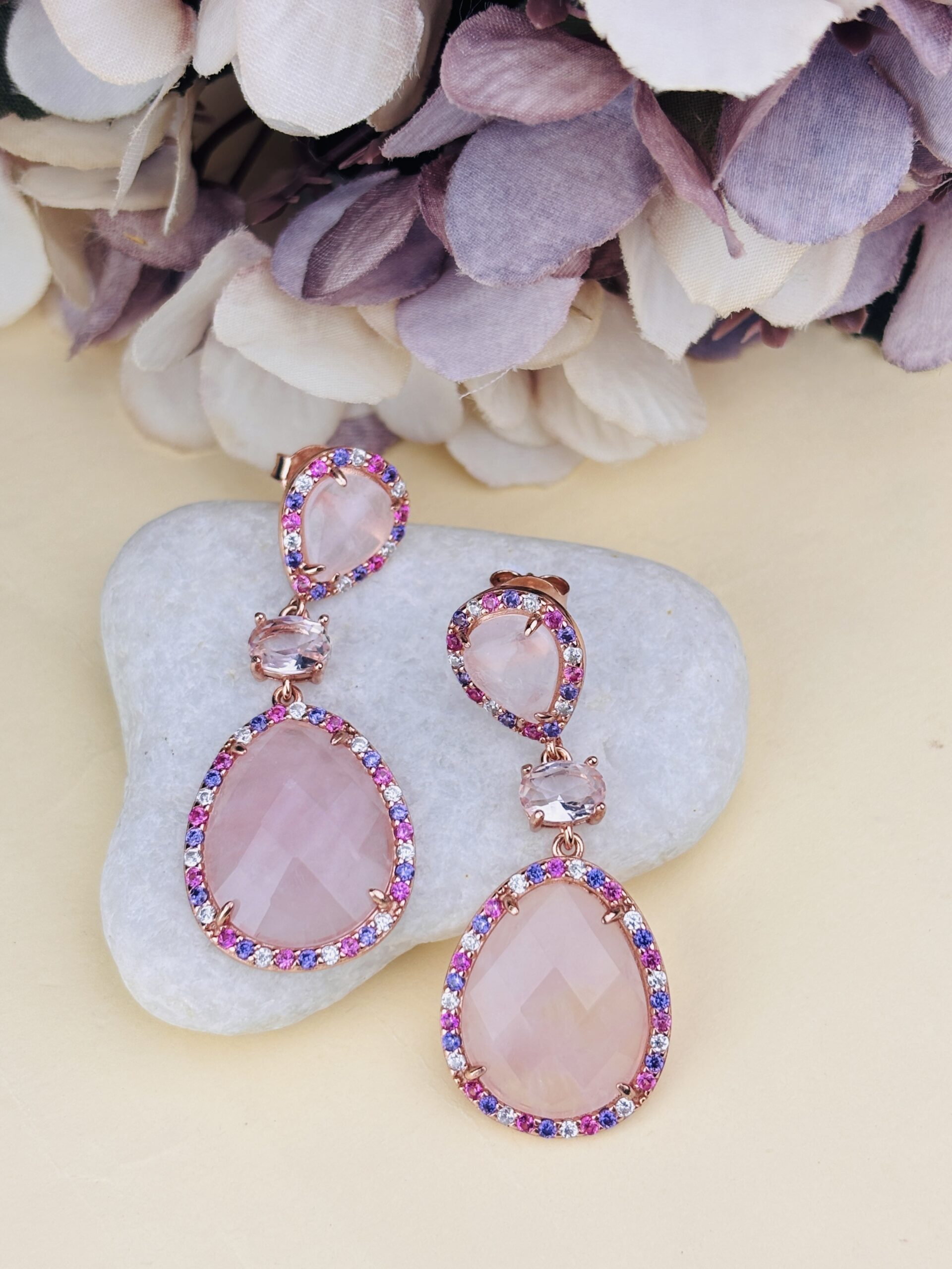 925 Sterling Silver Pink Teardrop Drop Earrings Rose Gold Plated Statement Gemstone Earrings