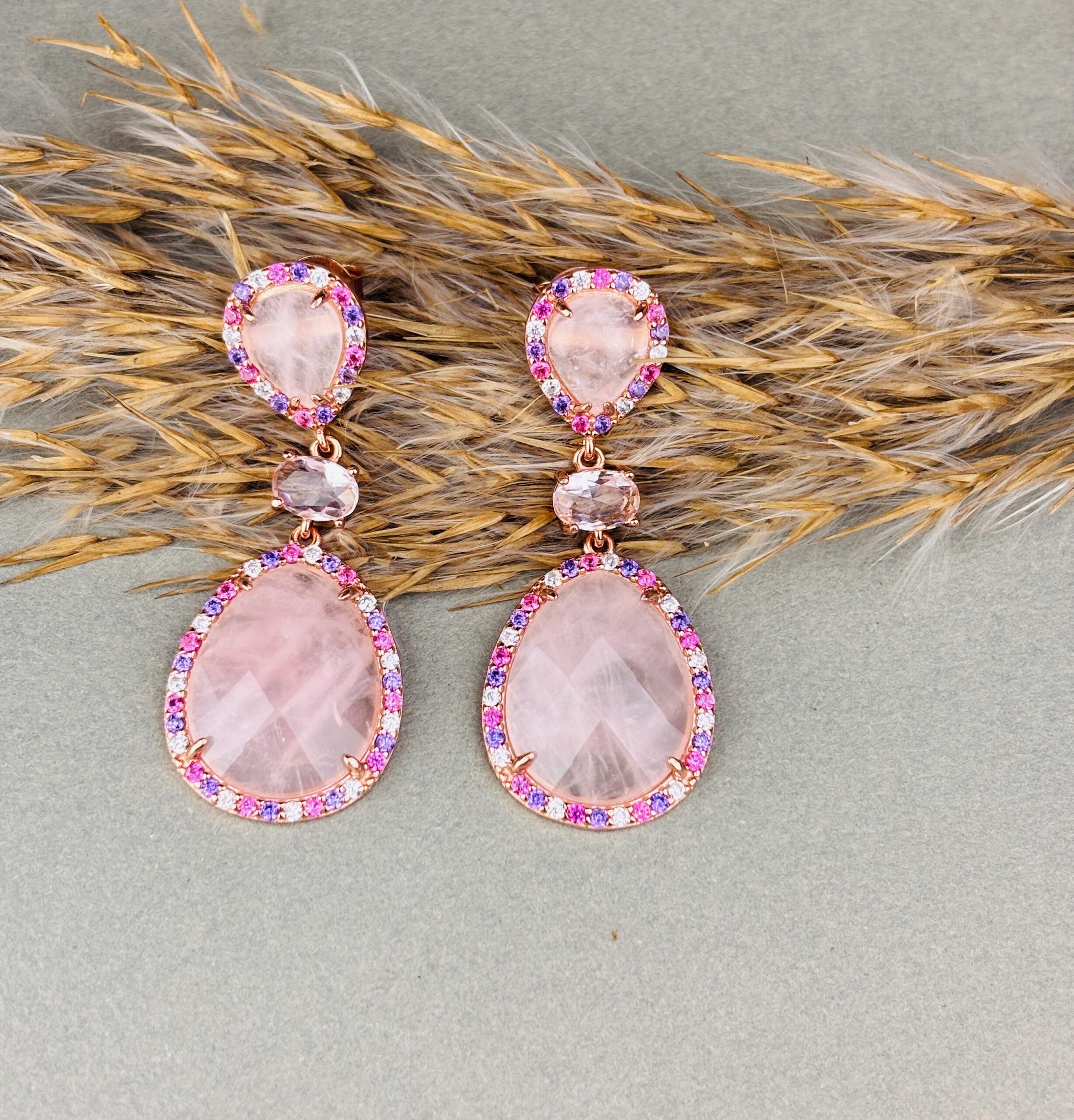 925 Sterling Silver Pink Teardrop Drop Earrings Rose Gold Plated Statement Gemstone Earrings - Image 5