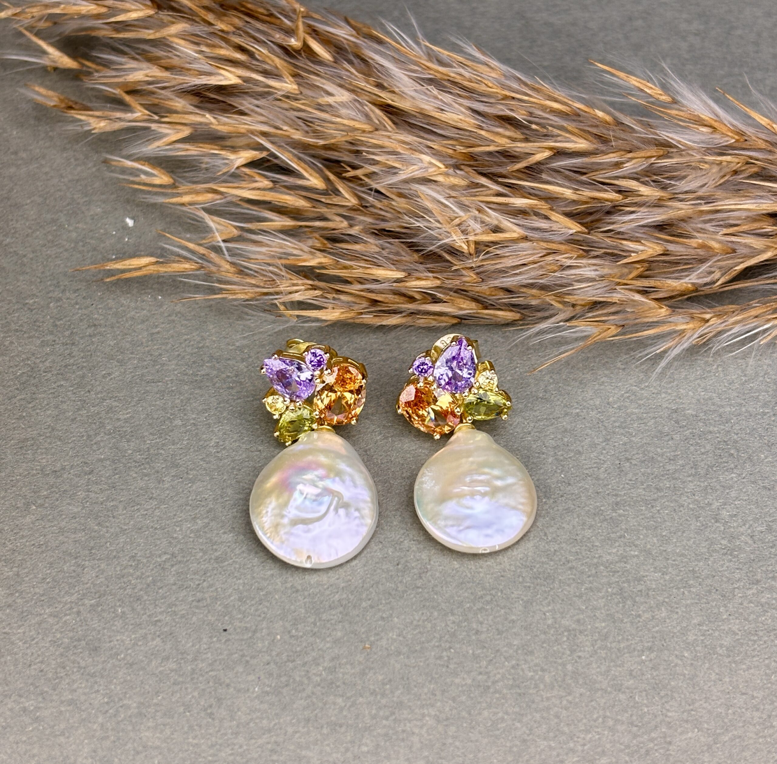 925 Sterling Silver Baroque Pearl Drop Earrings Multi Color Gemstone Cluster Statement Earrings - Image 2