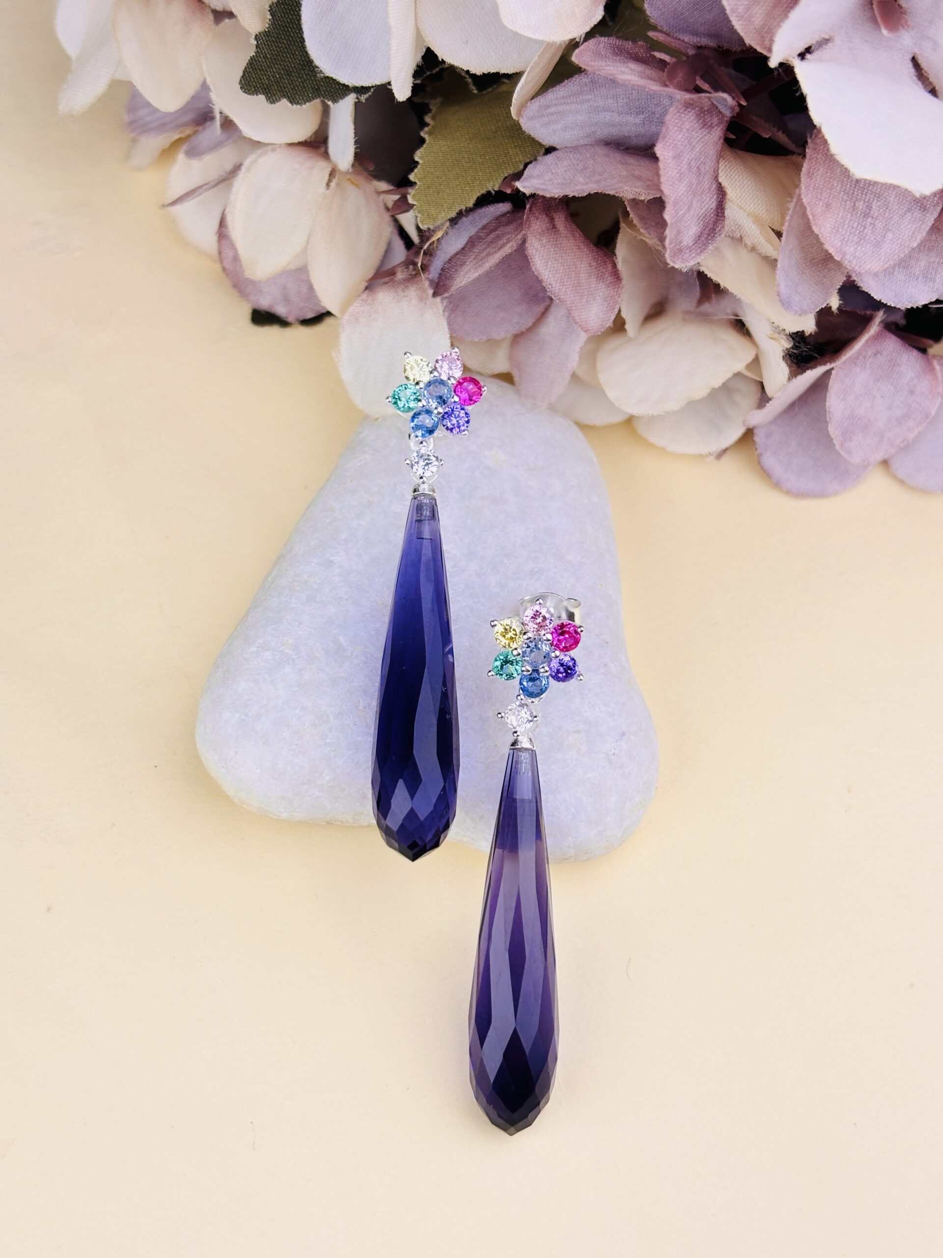 925 Sterling Silver Purple Long Drop Earrings Multi Color Floral Gemstone Statement Earrings - Image 2