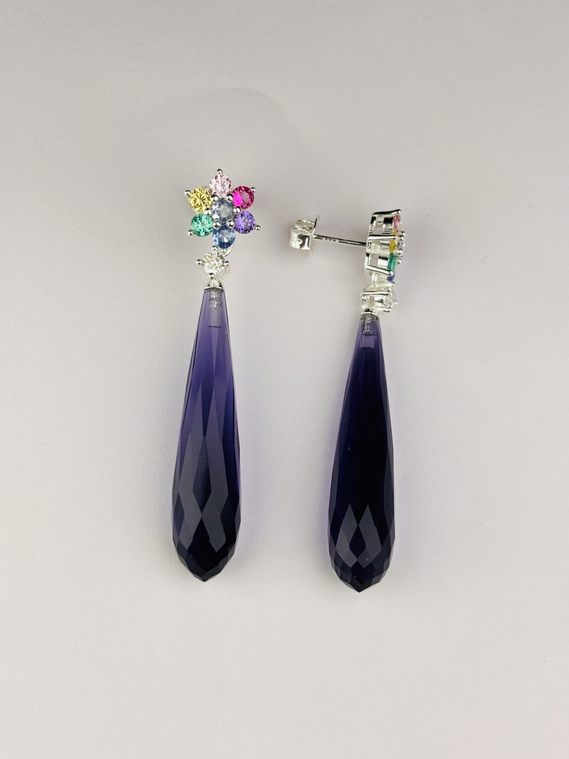 925 Sterling Silver Purple Long Drop Earrings Multi Color Floral Gemstone Statement Earrings - Image 3