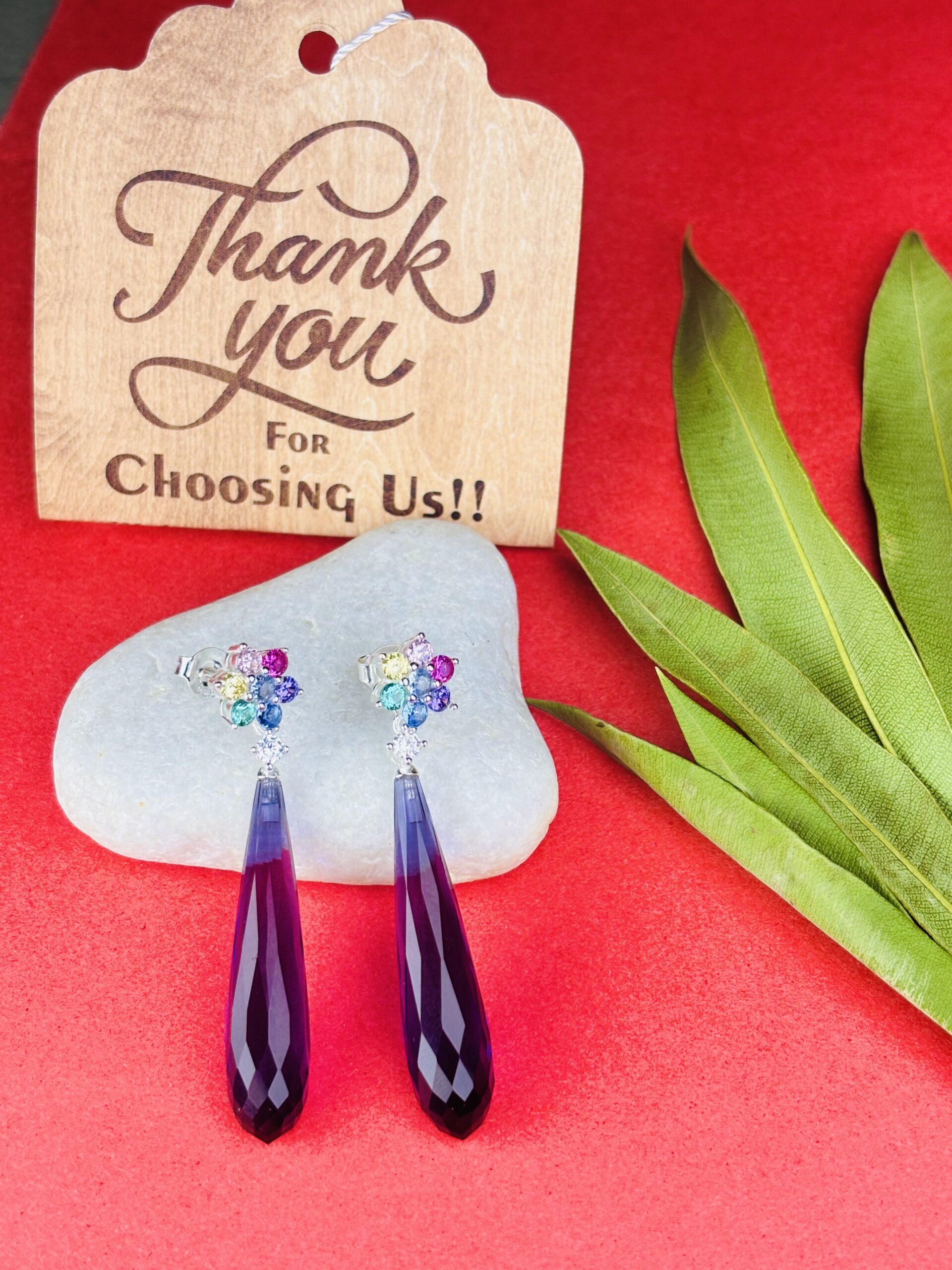 925 Sterling Silver Purple Long Drop Earrings Multi Color Floral Gemstone Statement Earrings - Image 4