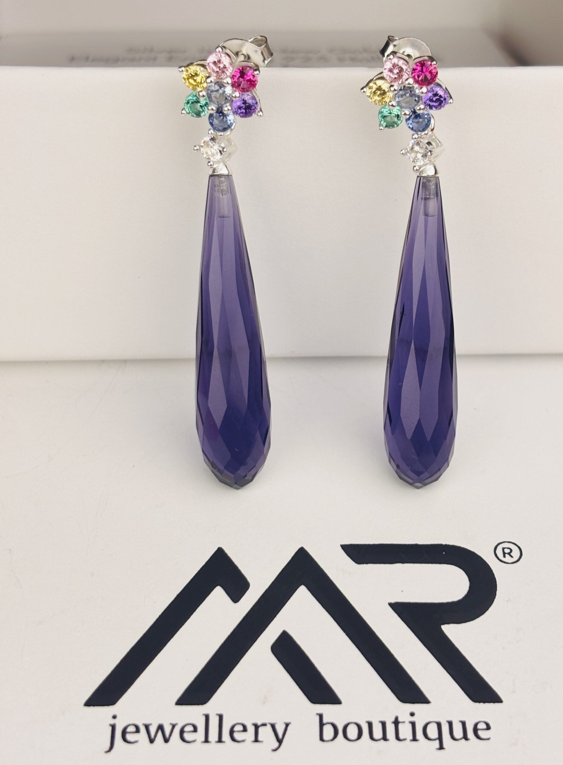 925 Sterling Silver Purple Long Drop Earrings Multi Color Floral Gemstone Statement Earrings