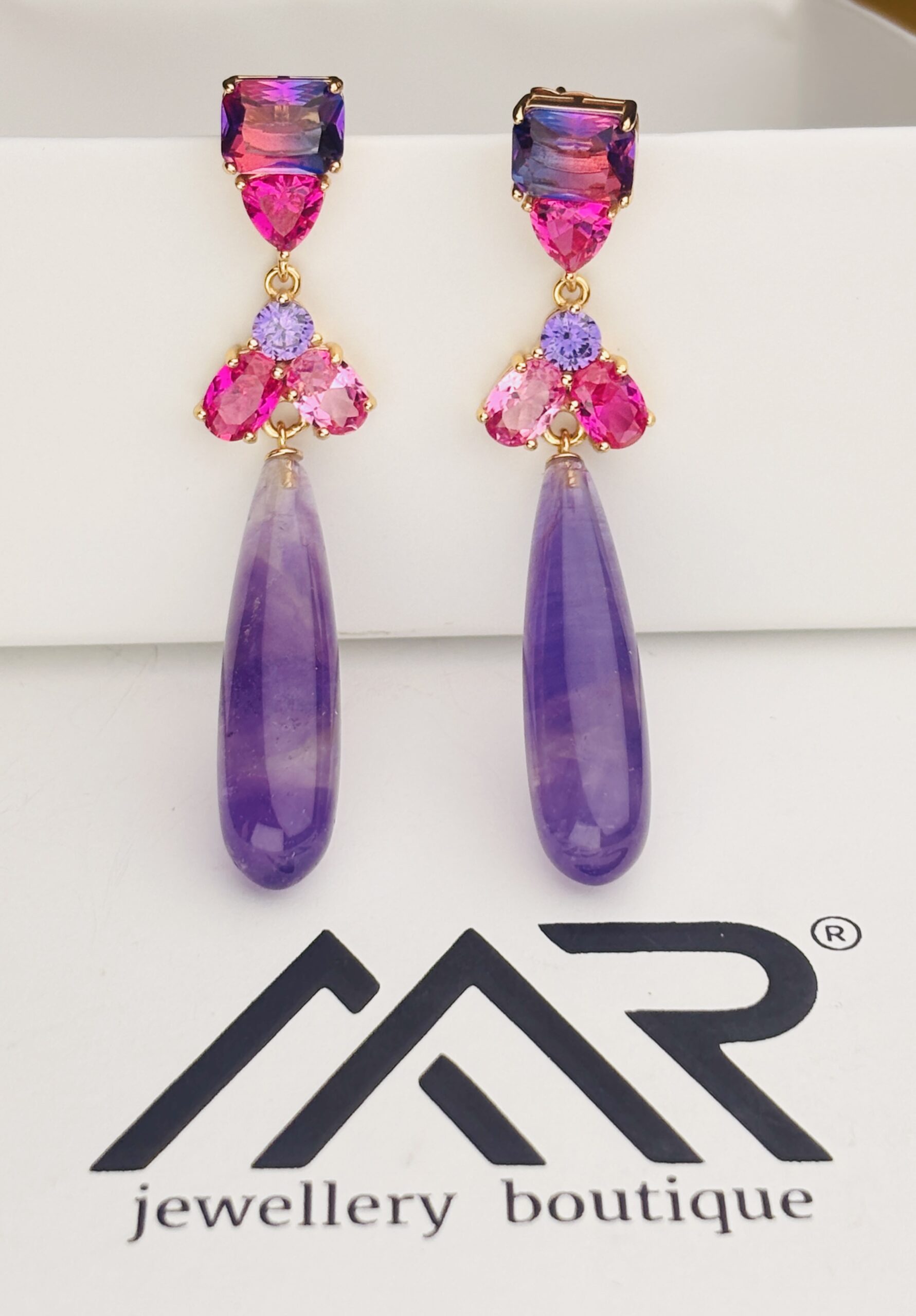 925 Sterling Silver Purple Long Drop Earrings Pink Multi Gemstone Statement Dangle Earrings