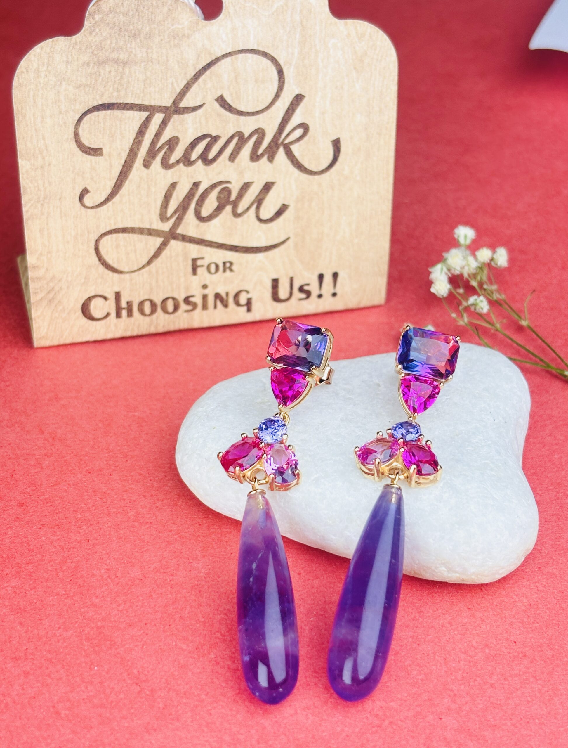 925 Sterling Silver Purple Long Drop Earrings Pink Multi Gemstone Statement Dangle Earrings - Image 4