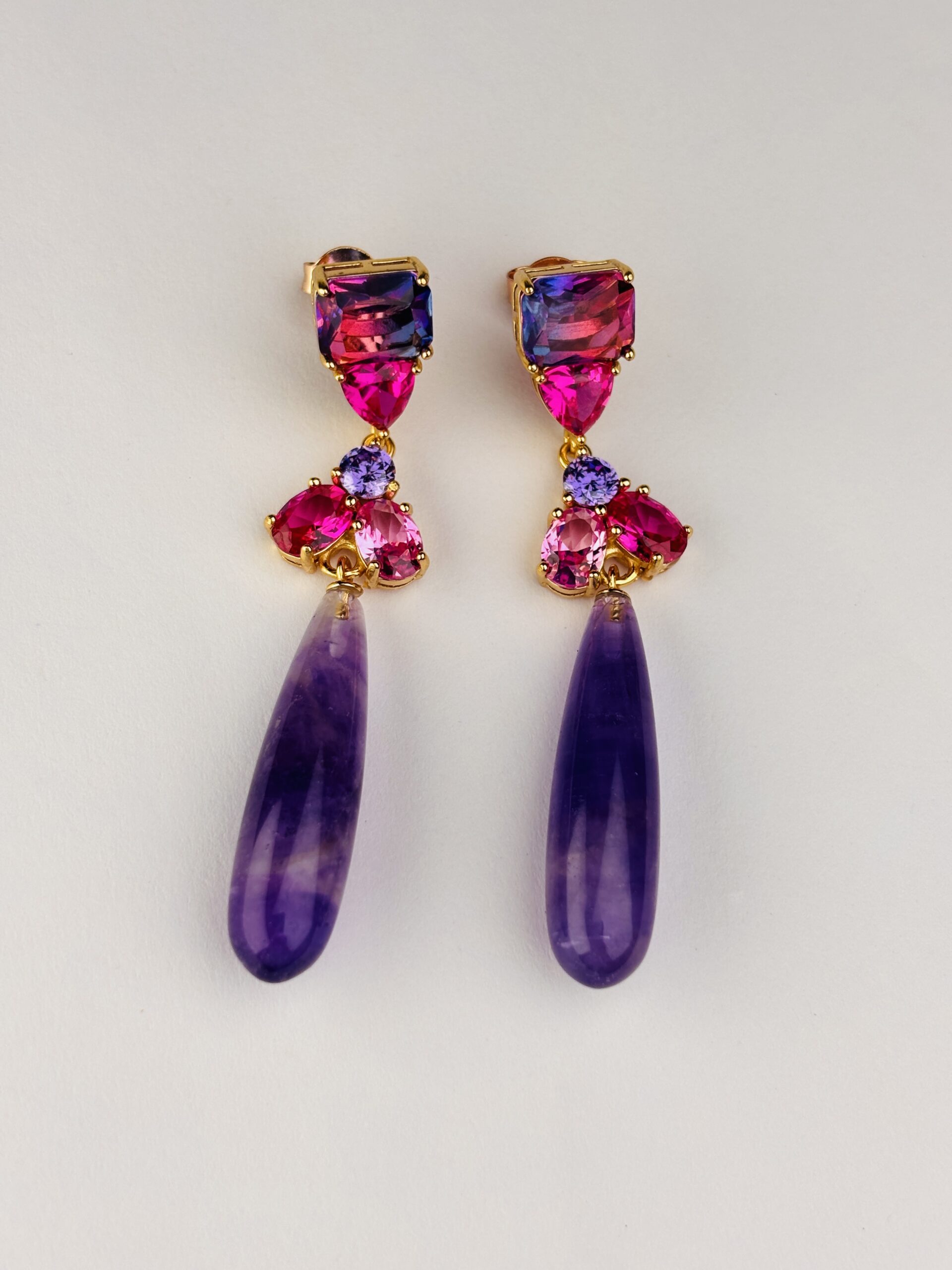 925 Sterling Silver Purple Long Drop Earrings Pink Multi Gemstone Statement Dangle Earrings - Image 3