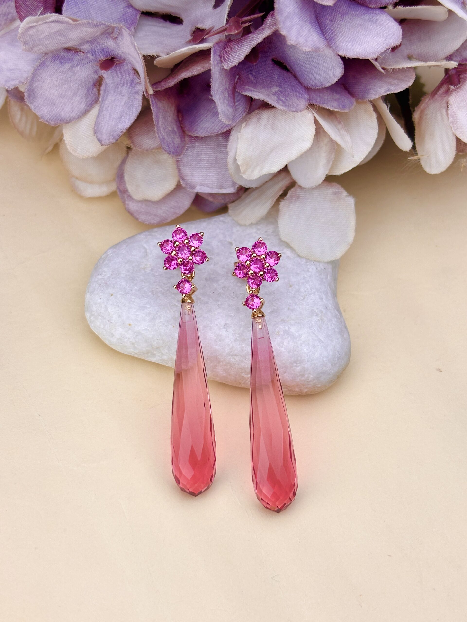 925 Sterling Silver Pink Long Drop Earrings Floral Cluster Statement Dangle Earrings Rose Gold Finish - Image 2