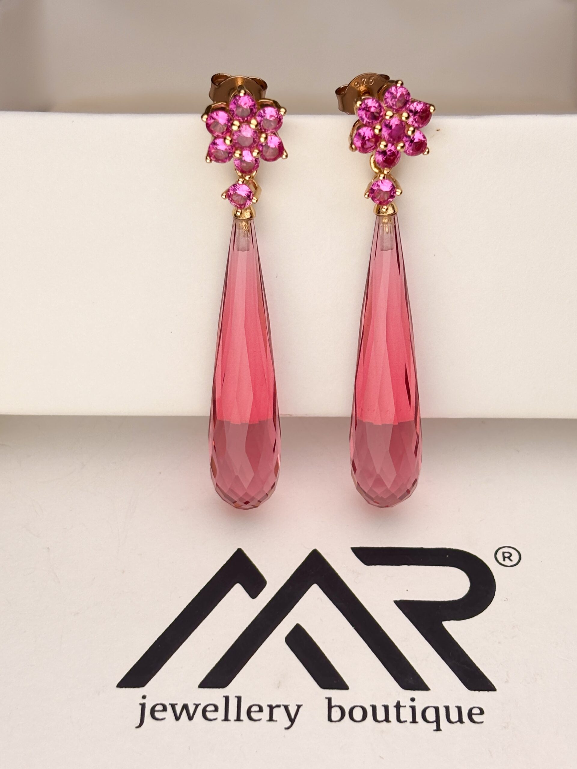 925 Sterling Silver Pink Long Drop Earrings Floral Cluster Statement Dangle Earrings Rose Gold Finish