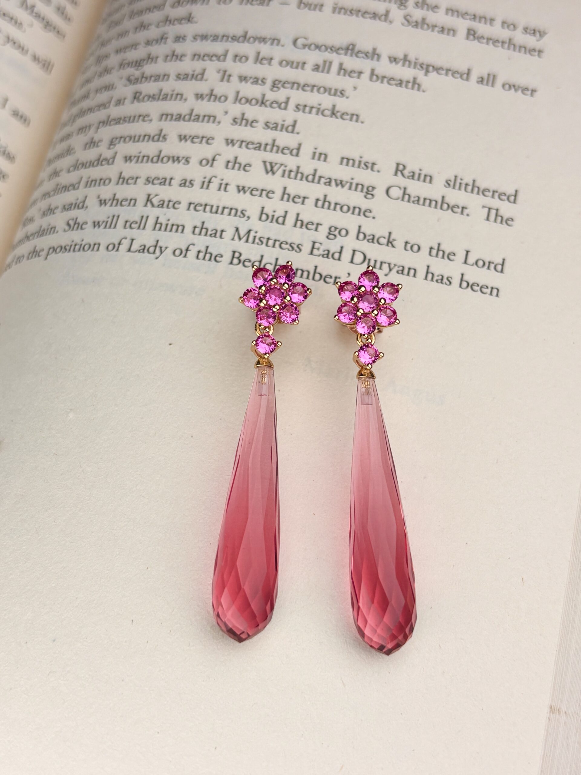 925 Sterling Silver Pink Long Drop Earrings Floral Cluster Statement Dangle Earrings Rose Gold Finish - Image 3