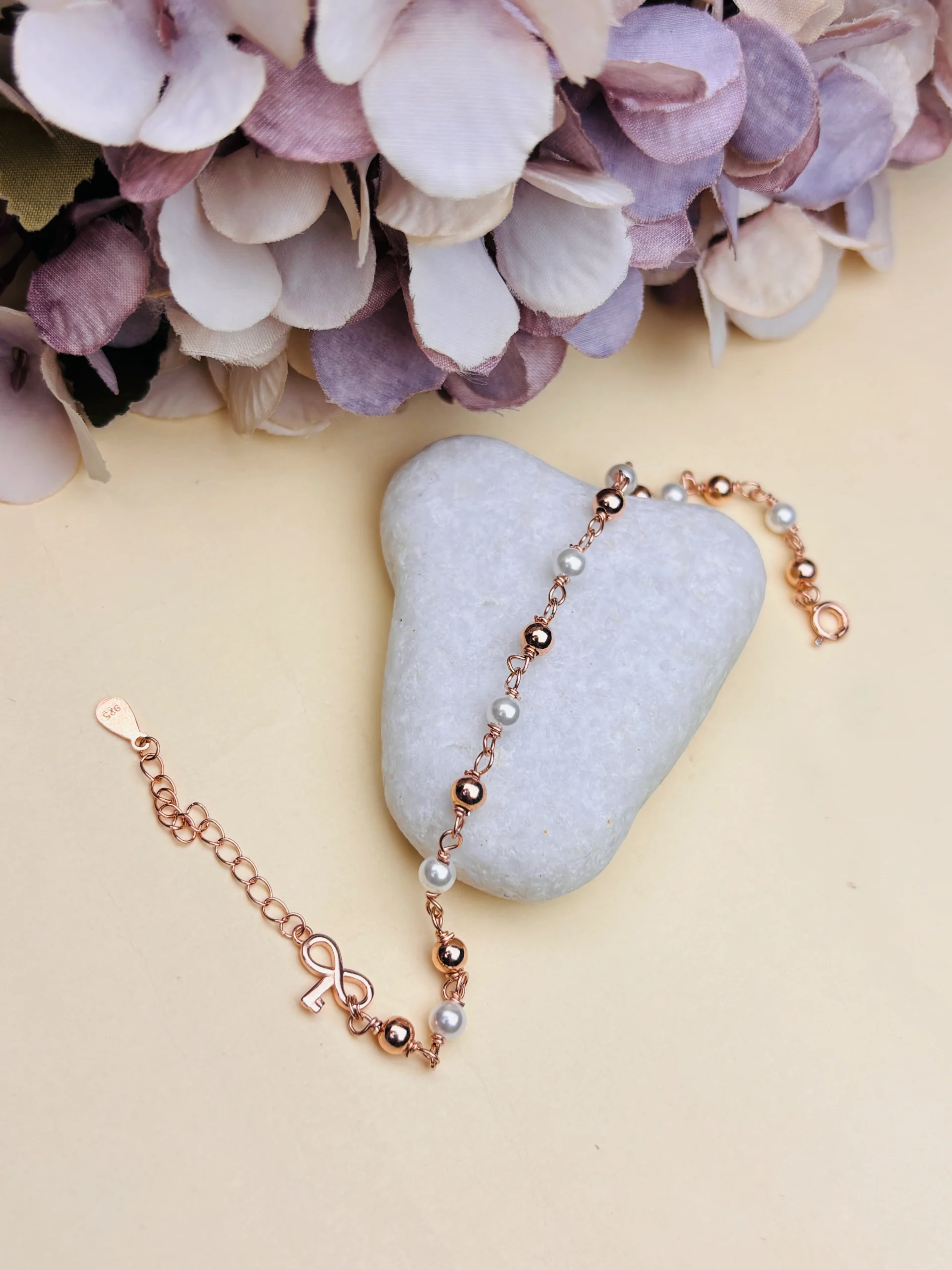 Rose Gold Infinity Pearl Charm Bracelet – Elegant Adjustable Beaded Bracelet for Women - Image 2