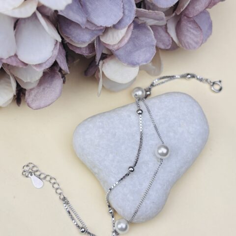 925 Sterling Silver Pearl Bracelet Adjustable Double Layer Chain White Pearl Bracelet for Women & Girls