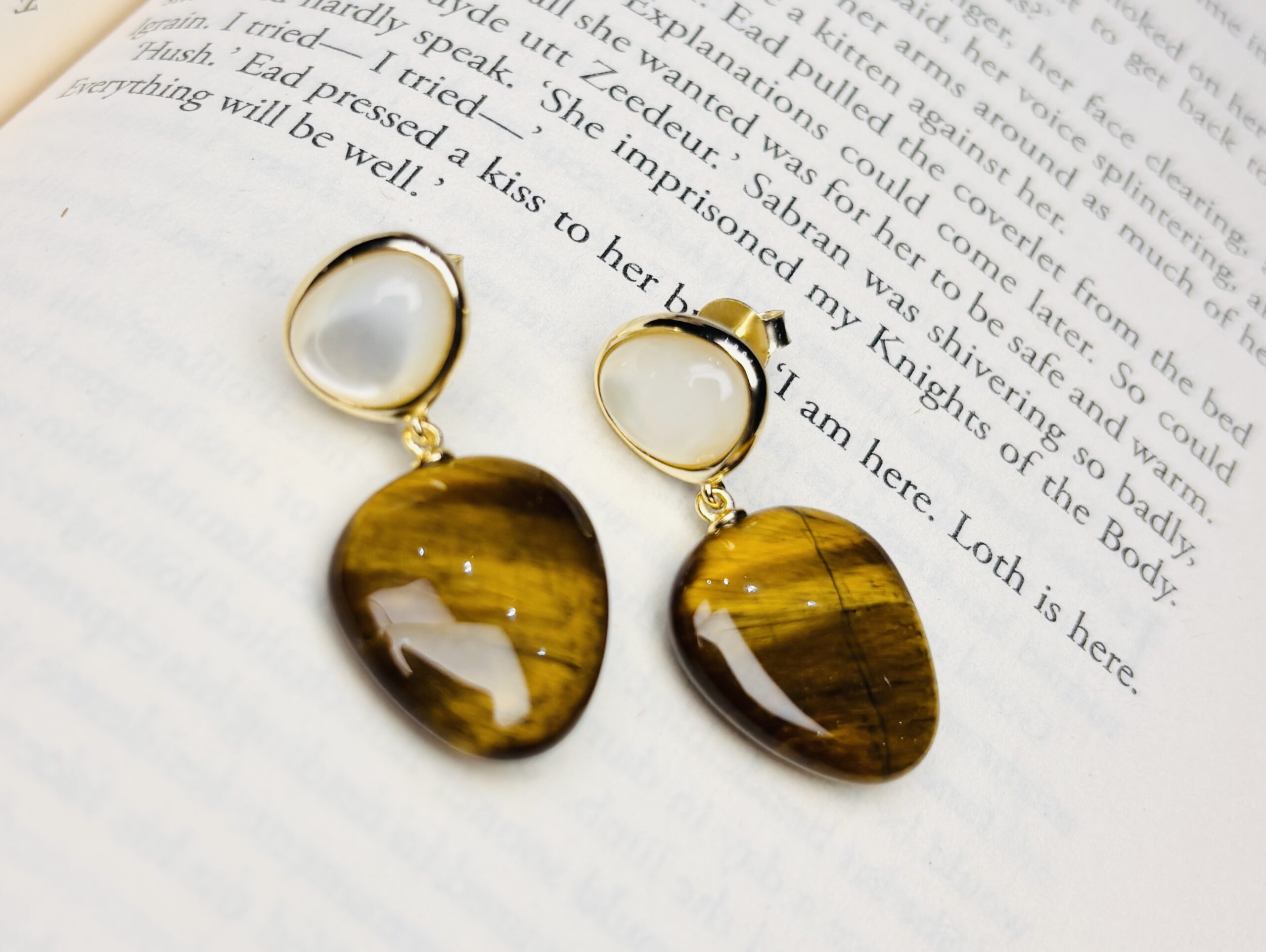 925 Sterling Silver Tiger Eye & Mother of Pearl Drop Earrings Gold Plated Statement Earrings