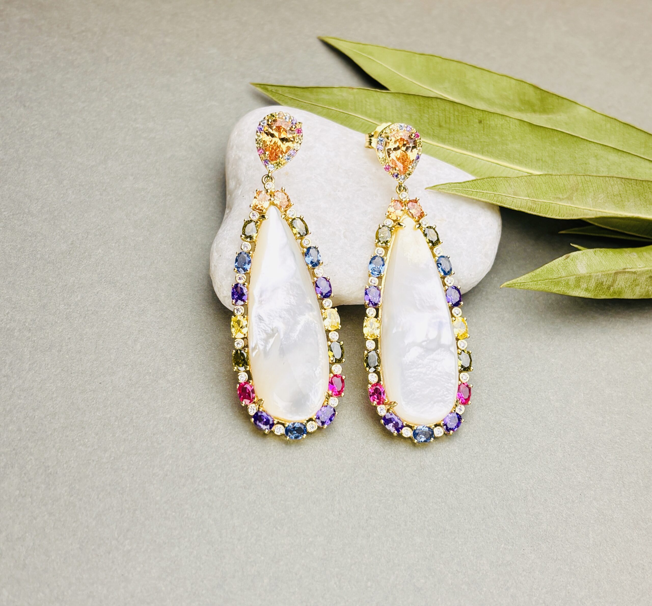 925 Sterling Silver Mother of Pearl Long Drop Earrings Multi Color Gemstone Statement Earrings Gold Plated
