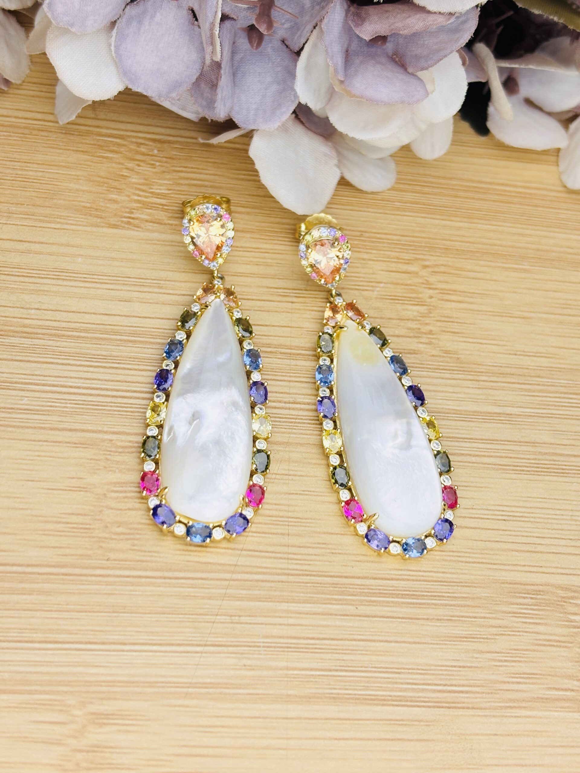 925 Sterling Silver Mother of Pearl Long Drop Earrings Multi Color Gemstone Statement Earrings Gold Plated - Image 4