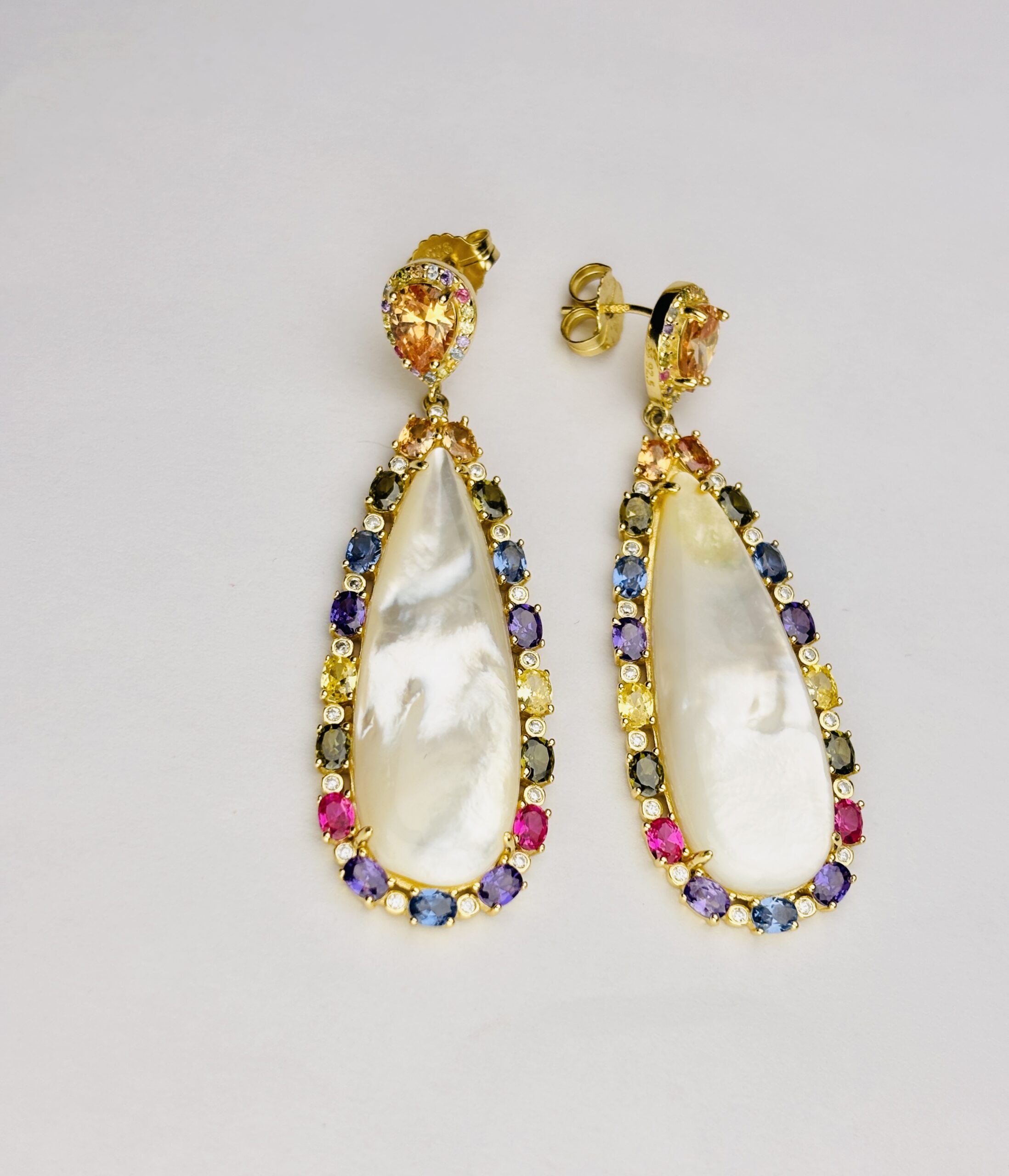 925 Sterling Silver Mother of Pearl Long Drop Earrings Multi Color Gemstone Statement Earrings Gold Plated - Image 2