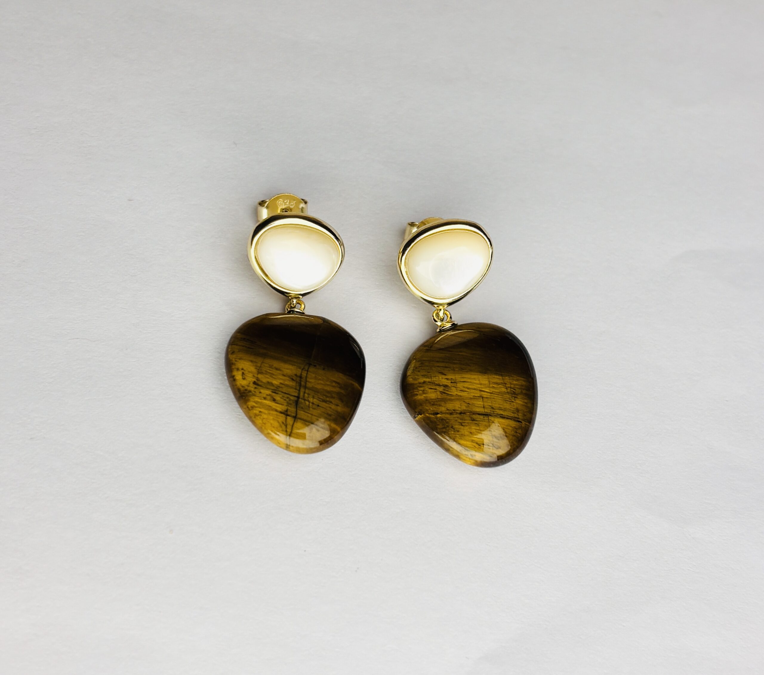925 Sterling Silver Tiger Eye & Mother of Pearl Drop Earrings Gold Plated Statement Earrings - Image 3