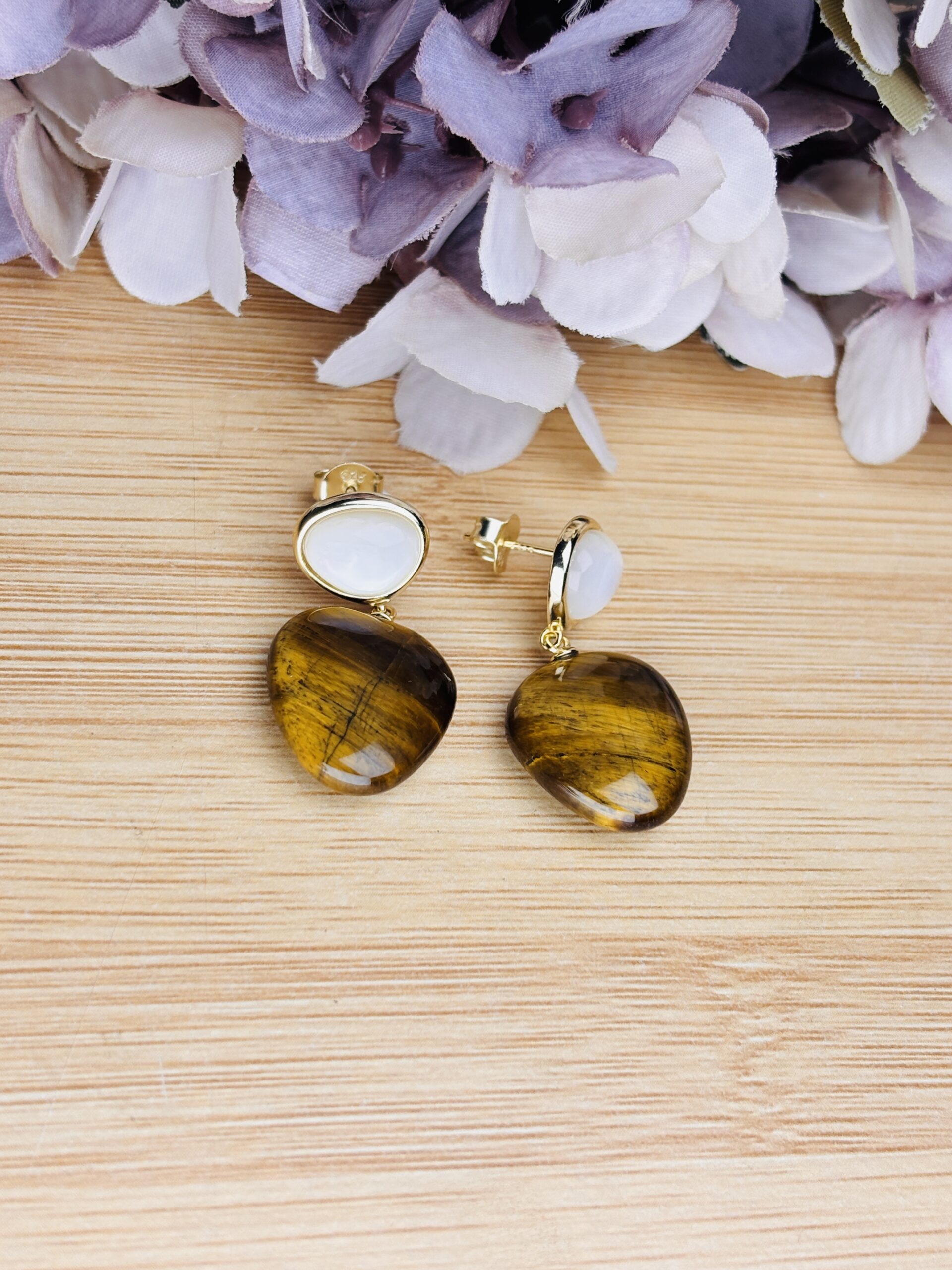 925 Sterling Silver Tiger Eye & Mother of Pearl Drop Earrings Gold Plated Statement Earrings - Image 4