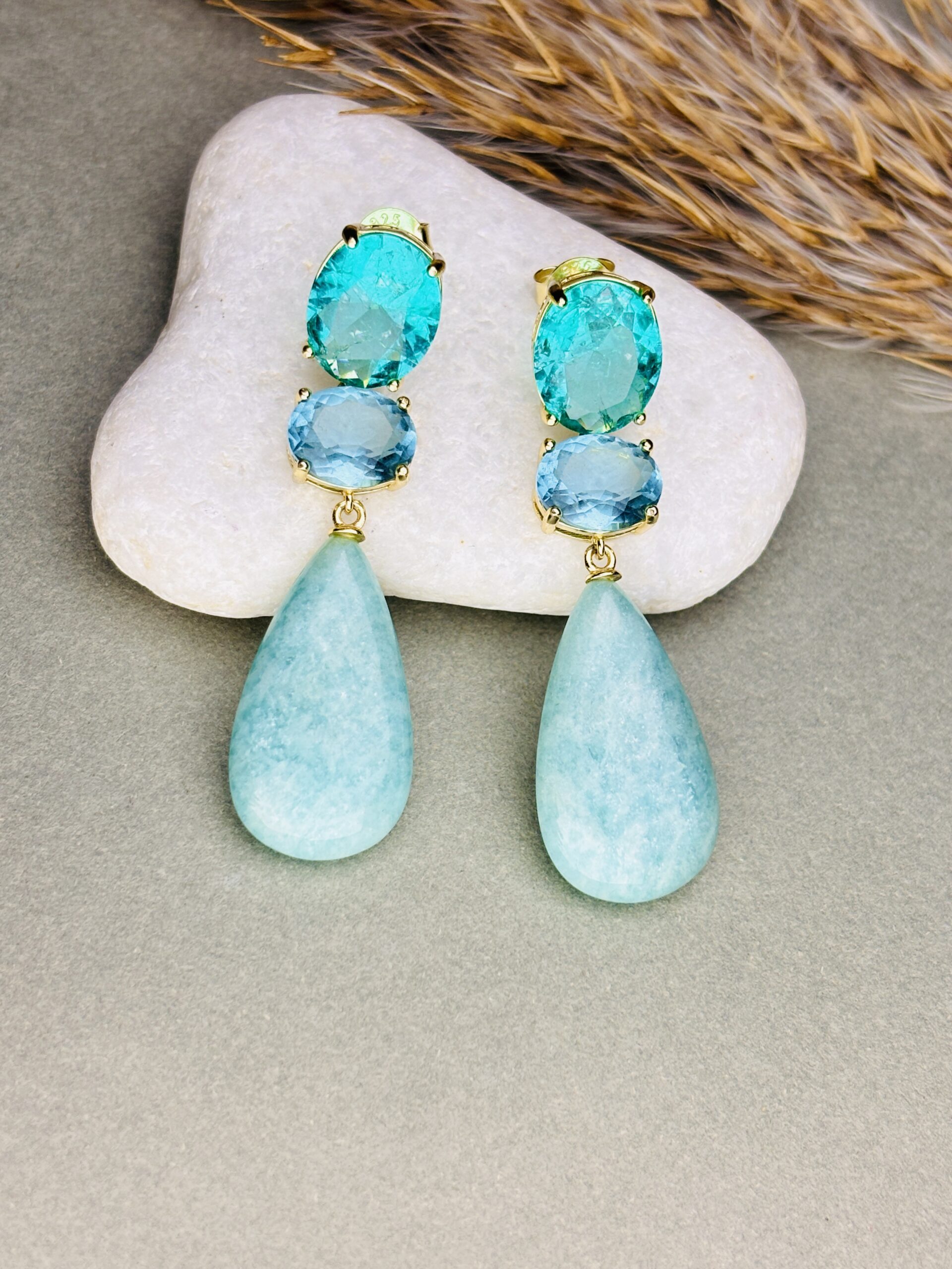 925 Sterling Silver Aqua Blue Teardrop Earrings Oval Cut Gemstone Statement Drop Earrings - Image 2