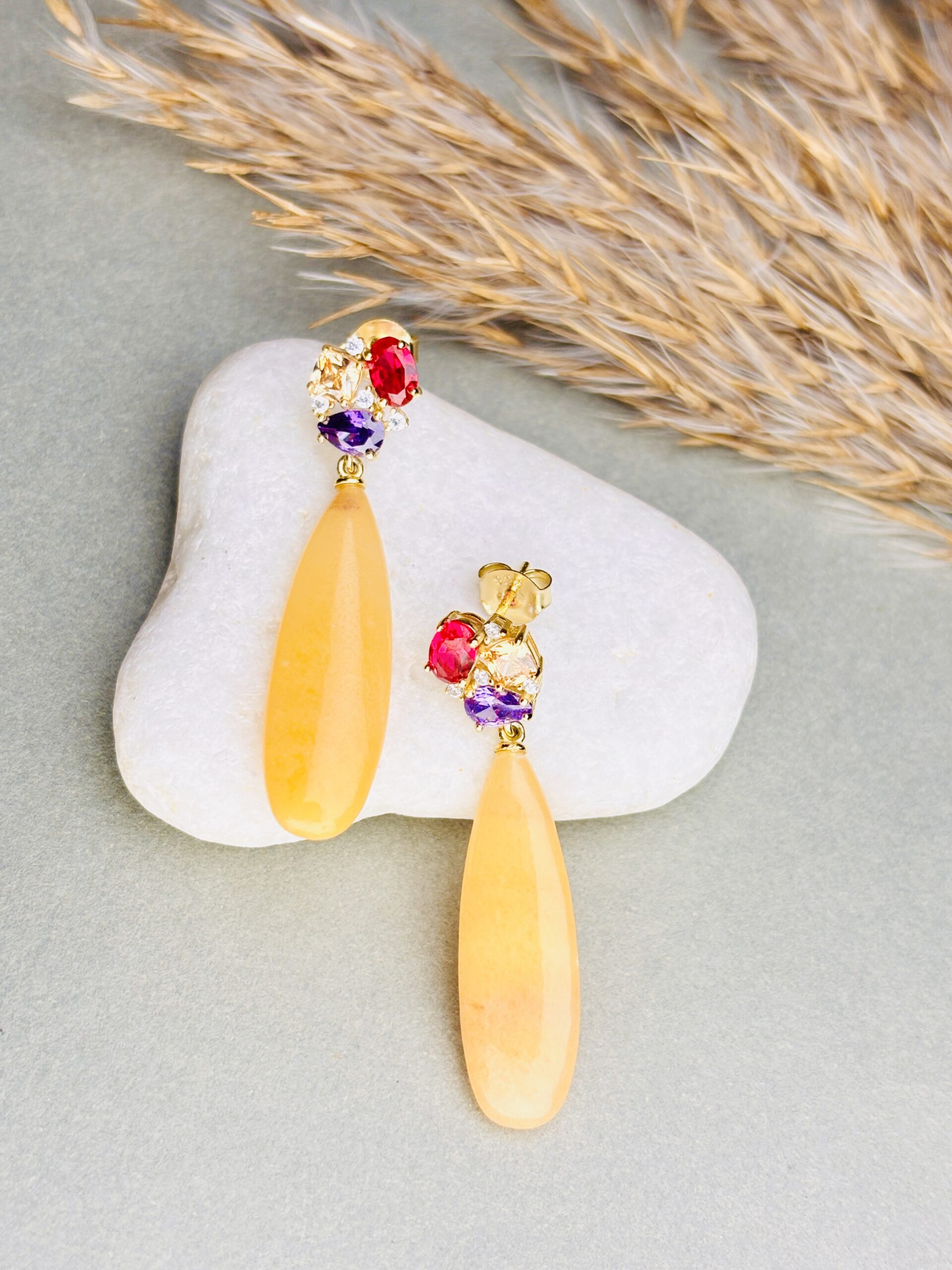 925 Sterling Silver Yellow Long Drop Earrings Multi Gemstone Statement Dangle Earrings Gold Plated