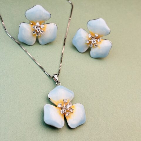 925 Sterling Silver Blue Flower Pendant Necklace CZ Enamel Floral Charm Women