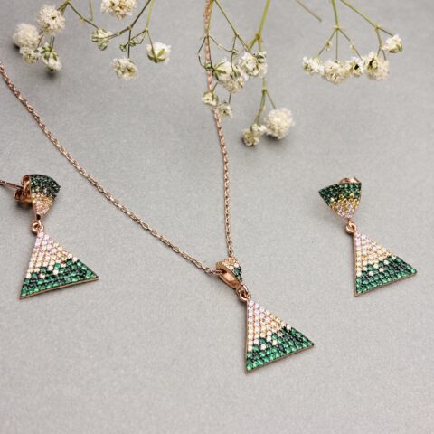 925 Sterling Silver Green White CZ Triangle Pendant Necklace & Earring Set