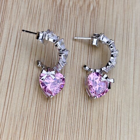 925 Sterling Silver Pink Heart CZ Hoop Earrings Bow Dangle Huggie Earrings Women